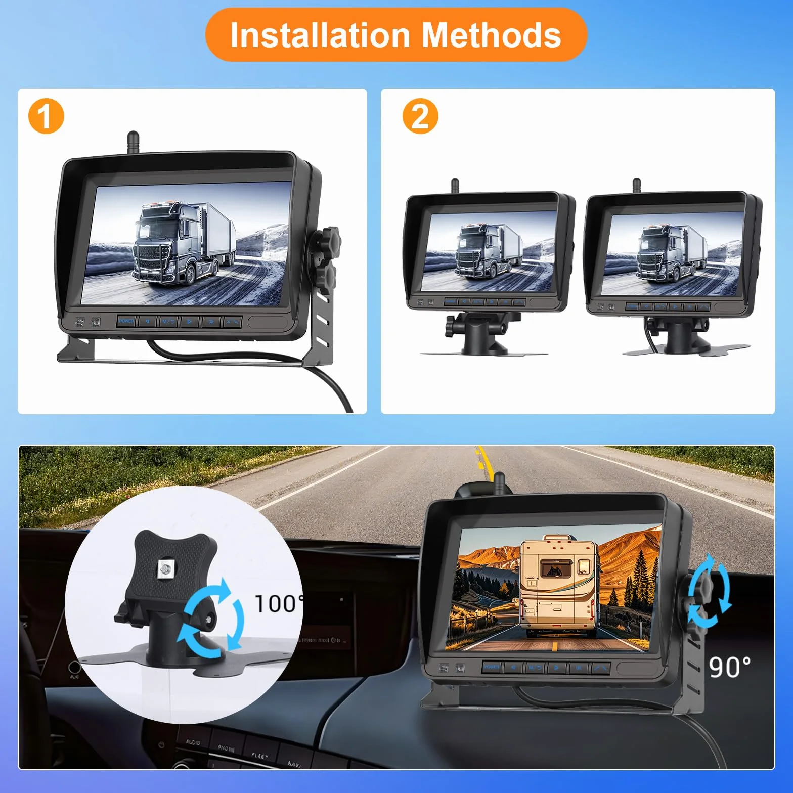 VECHTEL Telecamera Retromarcia Wireless 1080P, kit Monitor con Schermo IPS da 7 Pollici per Camion, Autobus, Furgoni, Camper, Pickup, Impermeabile IP68, Visione Notturna, Linee Guida DIY