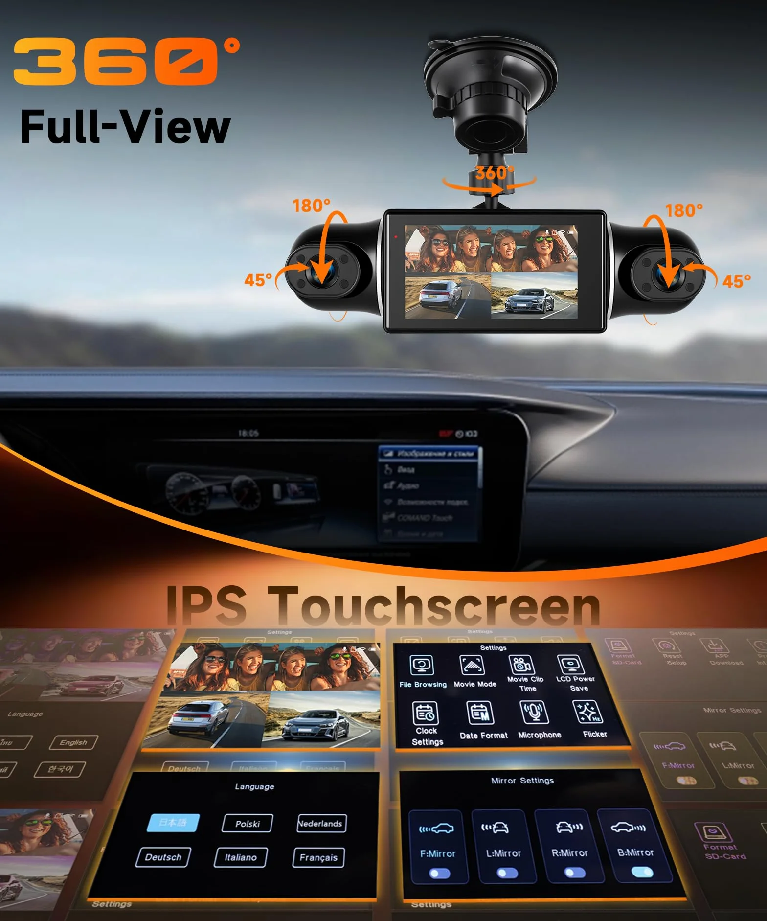 VECHTEL 2K/1080P Dashcam per auto anteriore e posteriore con WiFi, 4* Dash Cam Telecamera per auto con schermo IPS da 3 pollici,visione notturna,sensore G,protezione a 360 gradi,Con 64GB SD Card