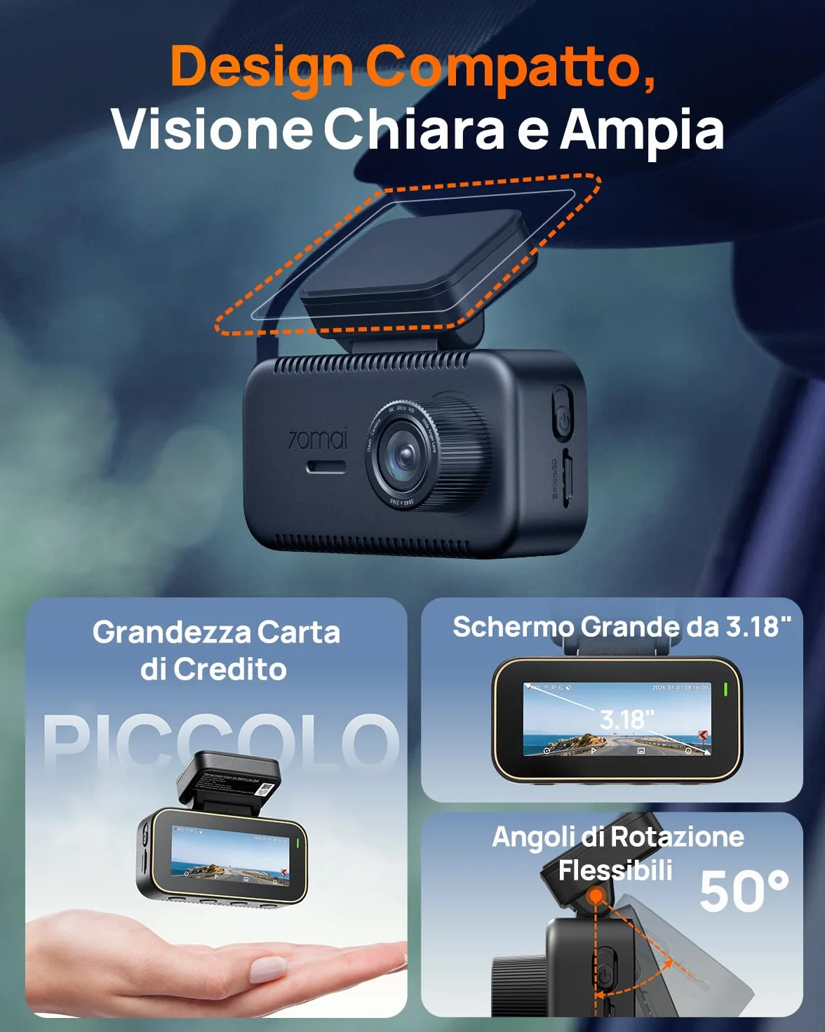 70mai A810 Lite Dash Cam 4K +1080P, 5GHz WiFi, GPS, HDR, Visione Notturna, Parcheggio 24/7, Sensore G, 64GB