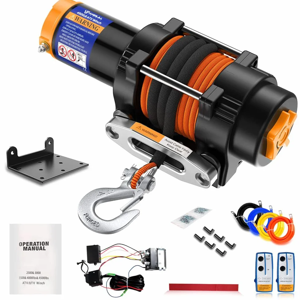 Anbull Verricello Elettrico 12V 4500 LBS / 2045 Kg, Cavo Sintetico 5.5mm*15m, IP67 Impermeabile, Corda di Nylon, Telecomando senza fili 20 metri