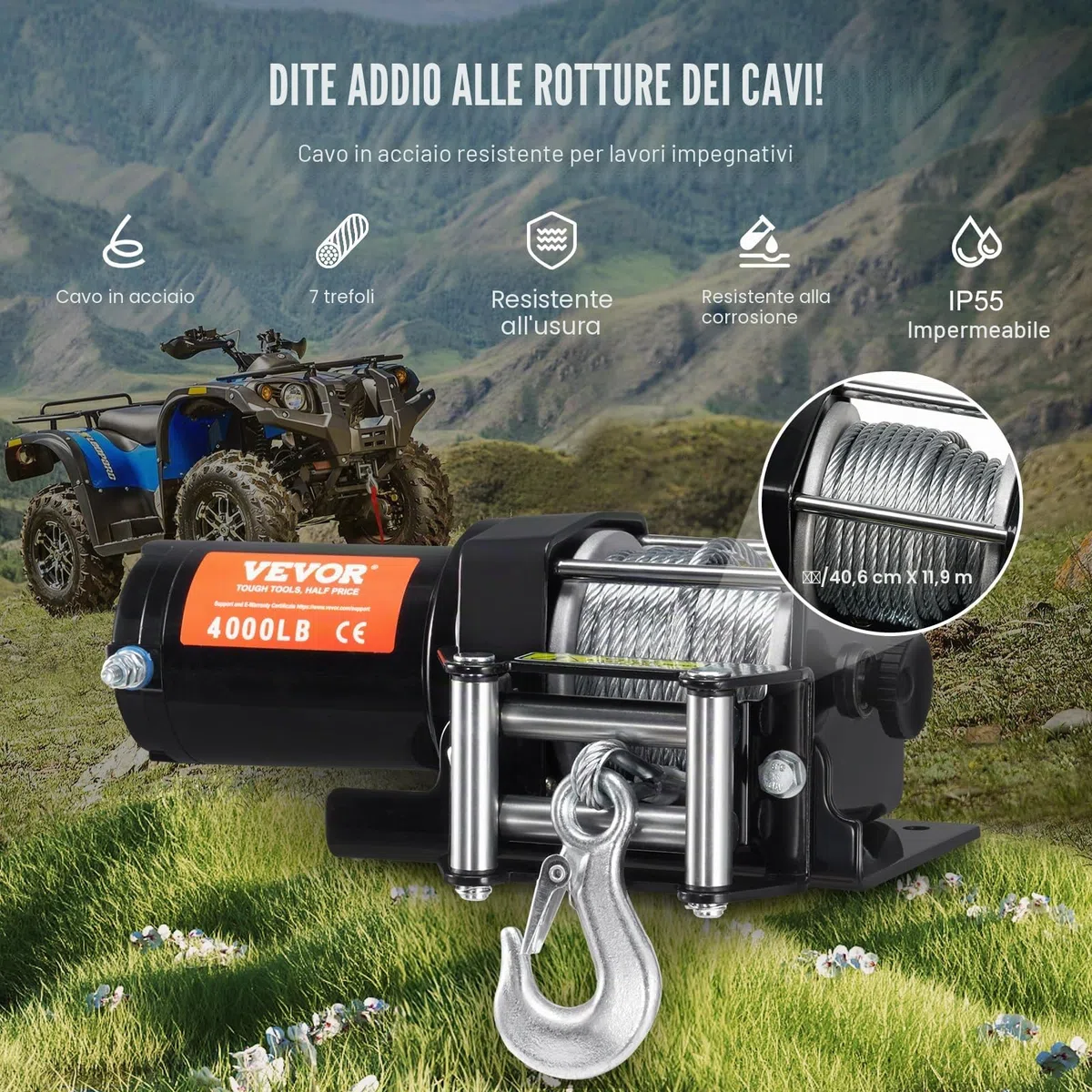 VEVOR Verricello Elettrico ATV UTV, capacità tiro 1814kg, 12 V CC, Cavo in Acciaio a 7 Fili Φ0,5 x 118,7 cm, Telecomando Wireless cablato, Impermeabile IP55, Verricello per Traino ATV UTV