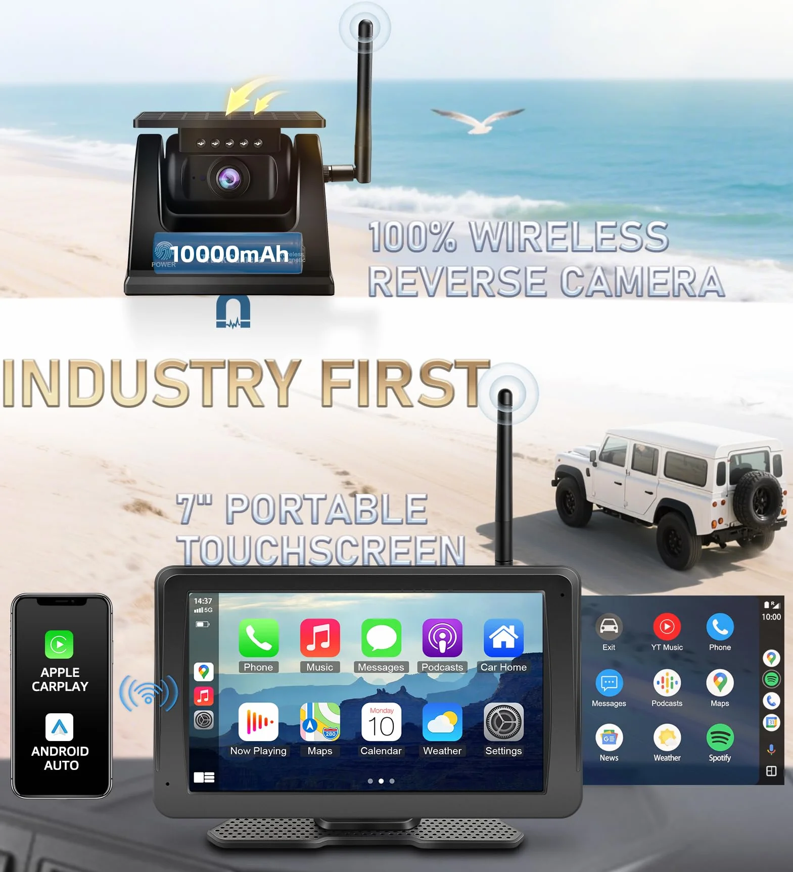 URVOLAX Telecamera auto retromarcia wireless E Apple CarPlay/Android Auto portatile da 7 pollici, Batteria 10.000mAh con Solare, Visione Notturna Impermeabile per Camion,Camper (Primo Dell'Industria)