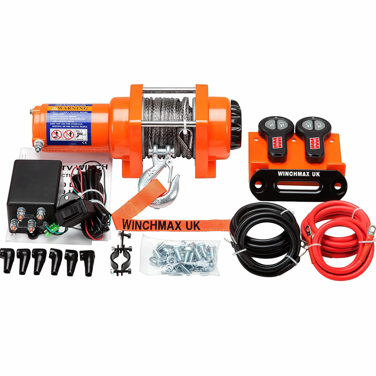 Winchmax 3000lb / 1361kg verricello Elettrico Originale Arancione 12v, Corda Sintetica Dyneema SK75 da 15,5 m 5 mm, Gancio a Cerniera da 1/4 di Pollice. Radiocomandi con Due ricevitori