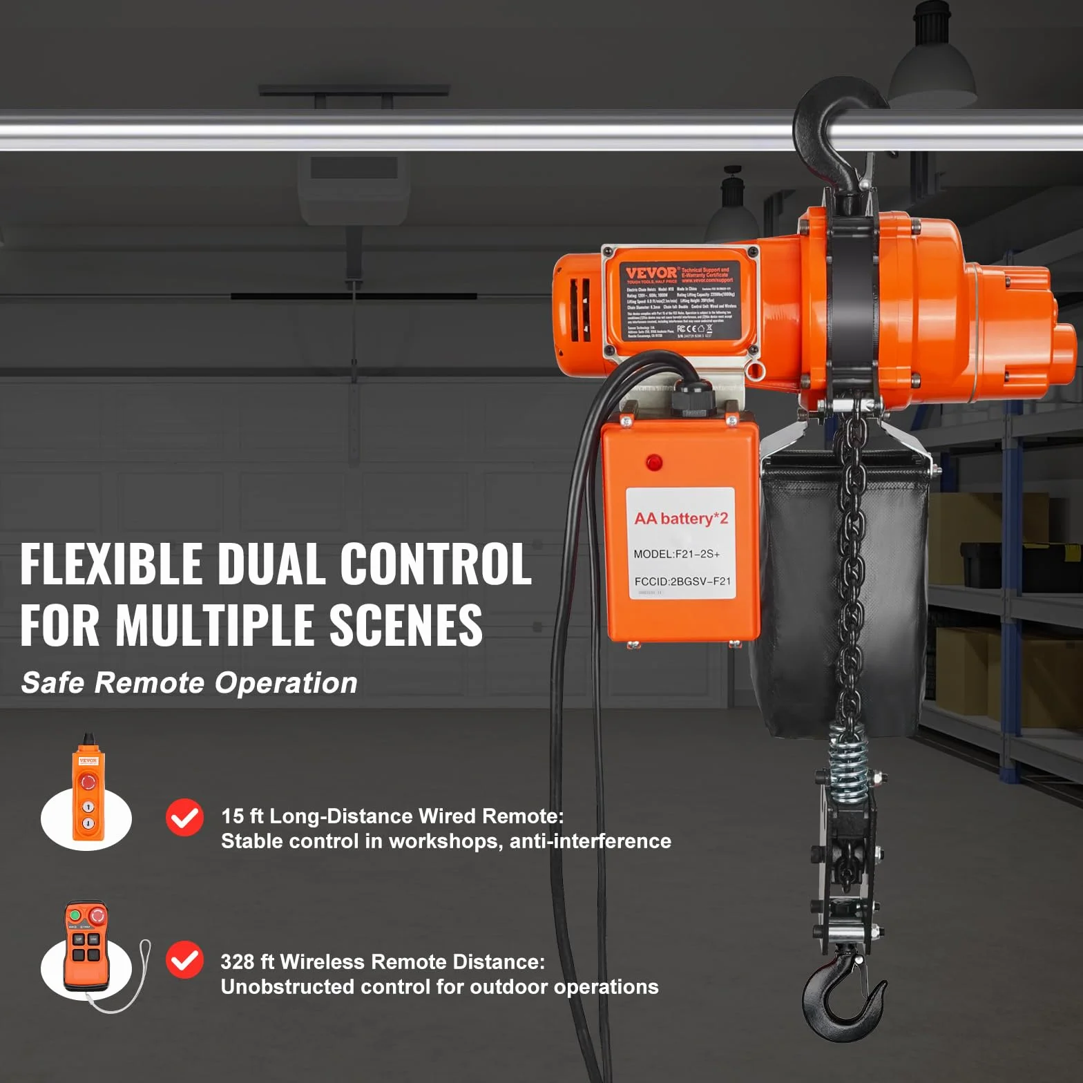 VEVOR Paranco Elettrico a Catena, Capacità Carico 998kg, Altezza Sollevamento 6m, Gru a Ponte Monofase 230 V con Catena, Telecomando Wireless e Cablato per Garage, Officina, Paranco per Sollevamento