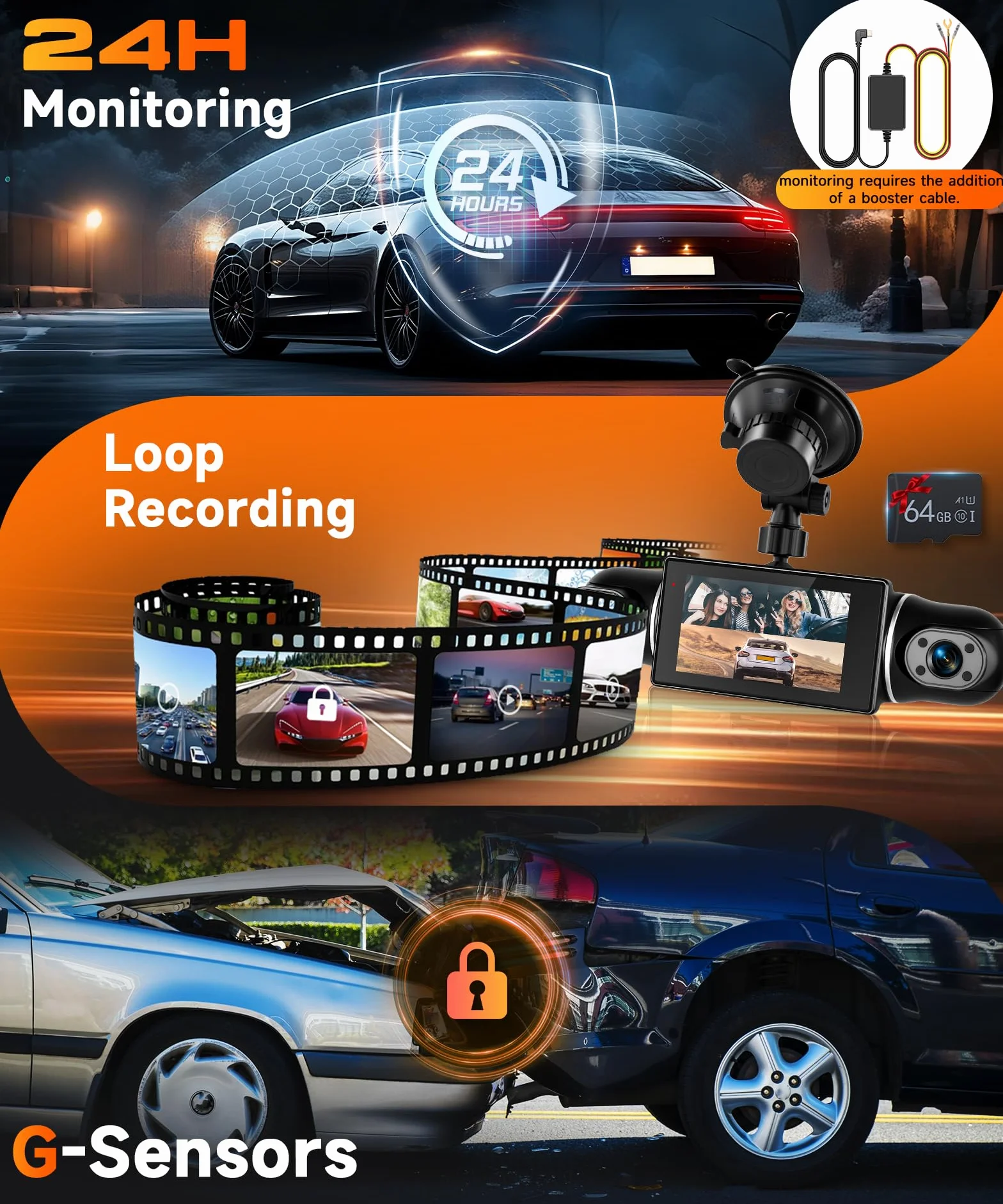 VECHTEL 2K/1080P Dashcam per auto anteriore e posteriore con WiFi, 4* Dash Cam Telecamera per auto con schermo IPS da 3 pollici,visione notturna,sensore G,protezione a 360 gradi,Con 64GB SD Card