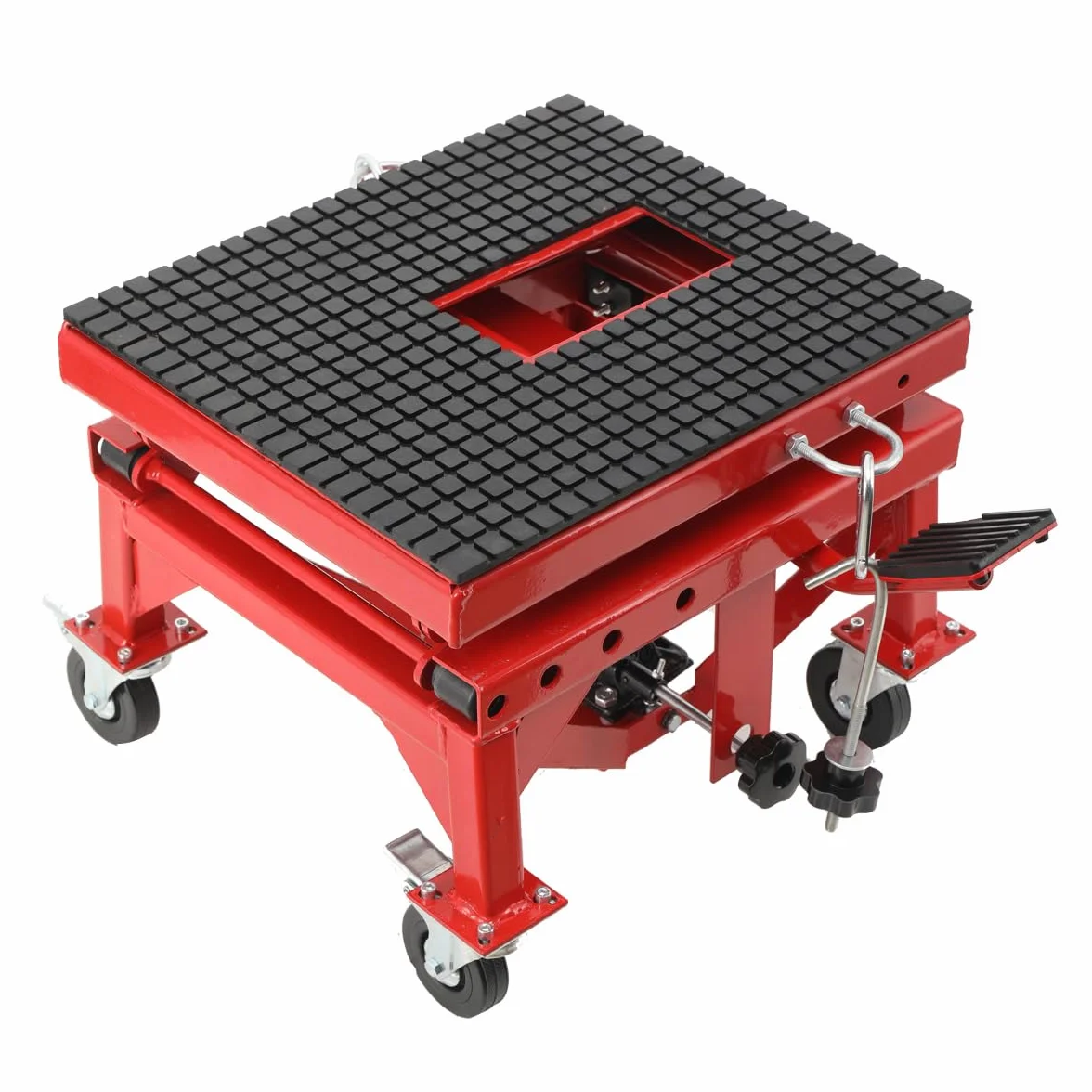 Sollevatore Idraulico per Moto con Pedale, Cavalletto Centrale a Pantografo per Moto, ATV, Enduro – Regolazione Altezza 350‑905 mm, Carico Max 158 kg, con 4 Ruote e Rotelle Universali