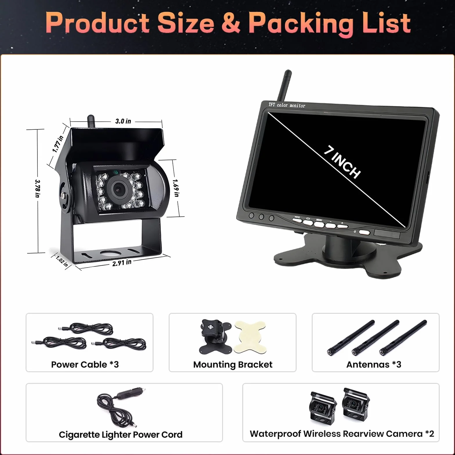 Hikity Kit Telecamera Retromarcia Wireless 7" Monitor LCD Auto e 2 Telecamera Posteriore,BSD, Impermeabile IP67, Visione Notturna per Camper Caravan LKW BUS con Caricatore per Auto