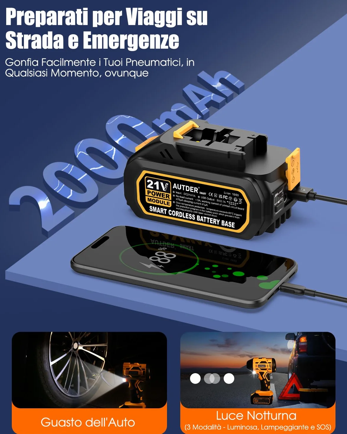 AUTDER Gonfiatore Pneumatici Portatile 180 PSI, Compressore Aria Senza Fili 21V con Batteria Rimovibile e Cavo Auto 12V, Spegnimento Automatico, Display LCD, LED