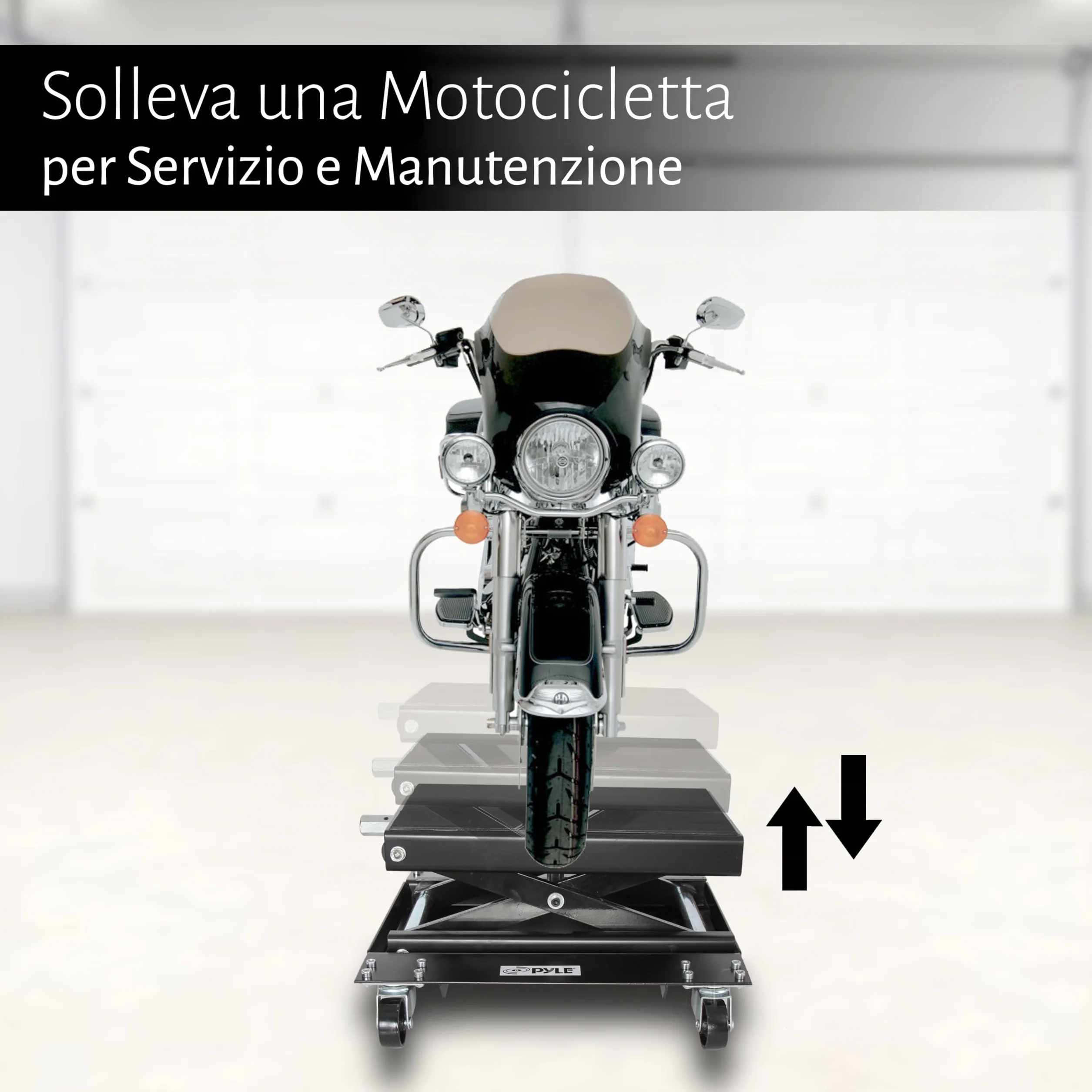 Pyle Sollevatore Moto, Cavalletto Moto in Acciaio Resistente, Capacità 500 kg, Rivestimento Nero, Ruote Girevoli, Pieghevole e Portatile