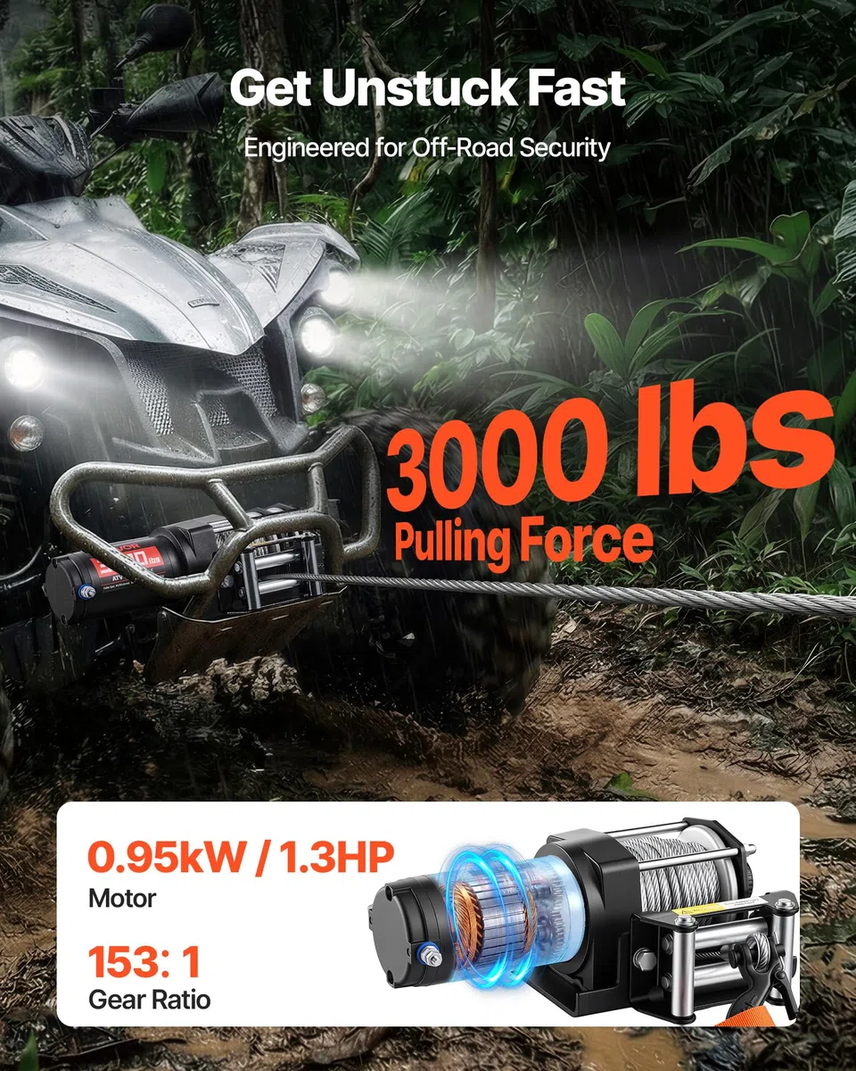 VEVOR Verricello Elettrico con Cavo da 1360 kg, Verricello Elettrico da 12 V CC per ATV/UTV Fuoristrada con Fune in Acciaio Ø 5 mm x 12 m, Telecomando Cablato, Impermeabile IP55 per Recupero Stradale
