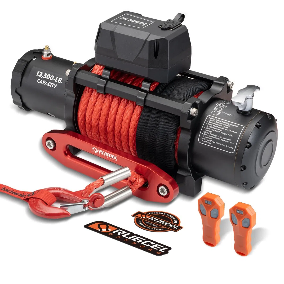 RUGCEL WINCH Argano elettrico impermeabile da 6.123 kg per camion, Jeep, 12 V, con cavo sintetico, guida cavi Hawse, maniglia cablata e 2 telecomandi senza fili, per rimorchio e Wrangler in