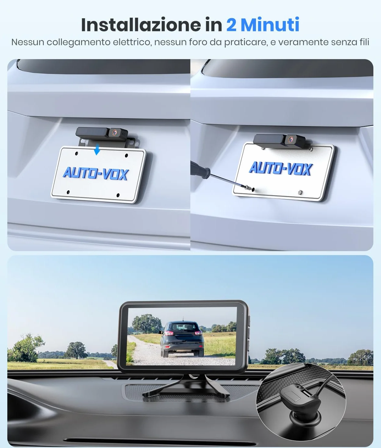 AUTO-VOX Retrocamera Auto Wireless Solare con Monitor 1080P 5": Batteria 5000mAh, Installazione Della Telecamera Posteriore Auto 2 Min, Telecamera Retromarcia Auto impermeabile IP69K