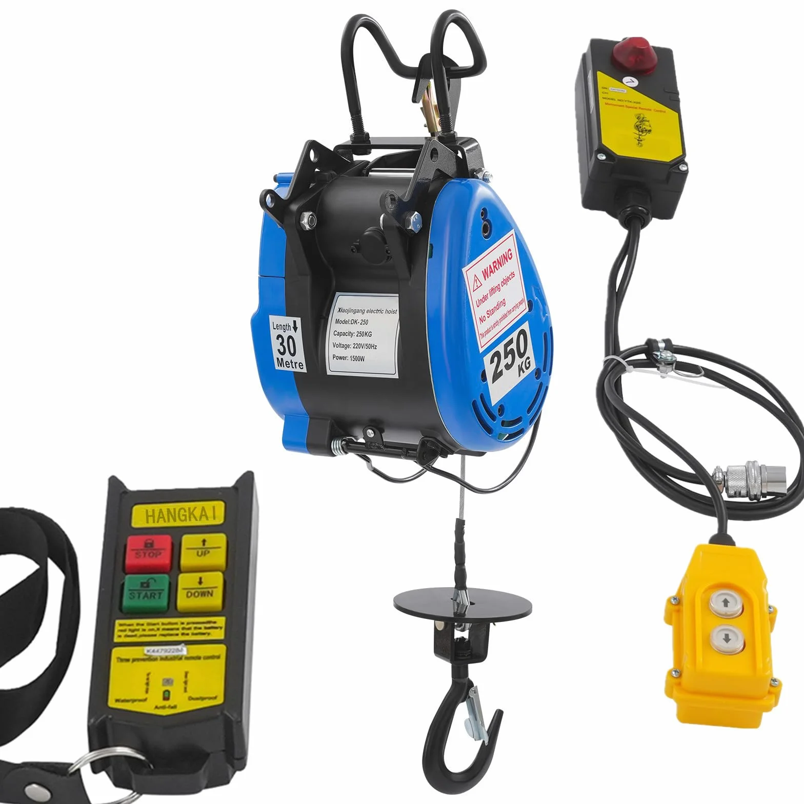 Verricello elettrico mobile, 230 V, 250 kg, portata 19 m/min, telecomando senza fili (100 m), con batteria, manico di controllo del cavo, 1500 W, 29 m, altezza di sollevamento 30 m, fune metallica
