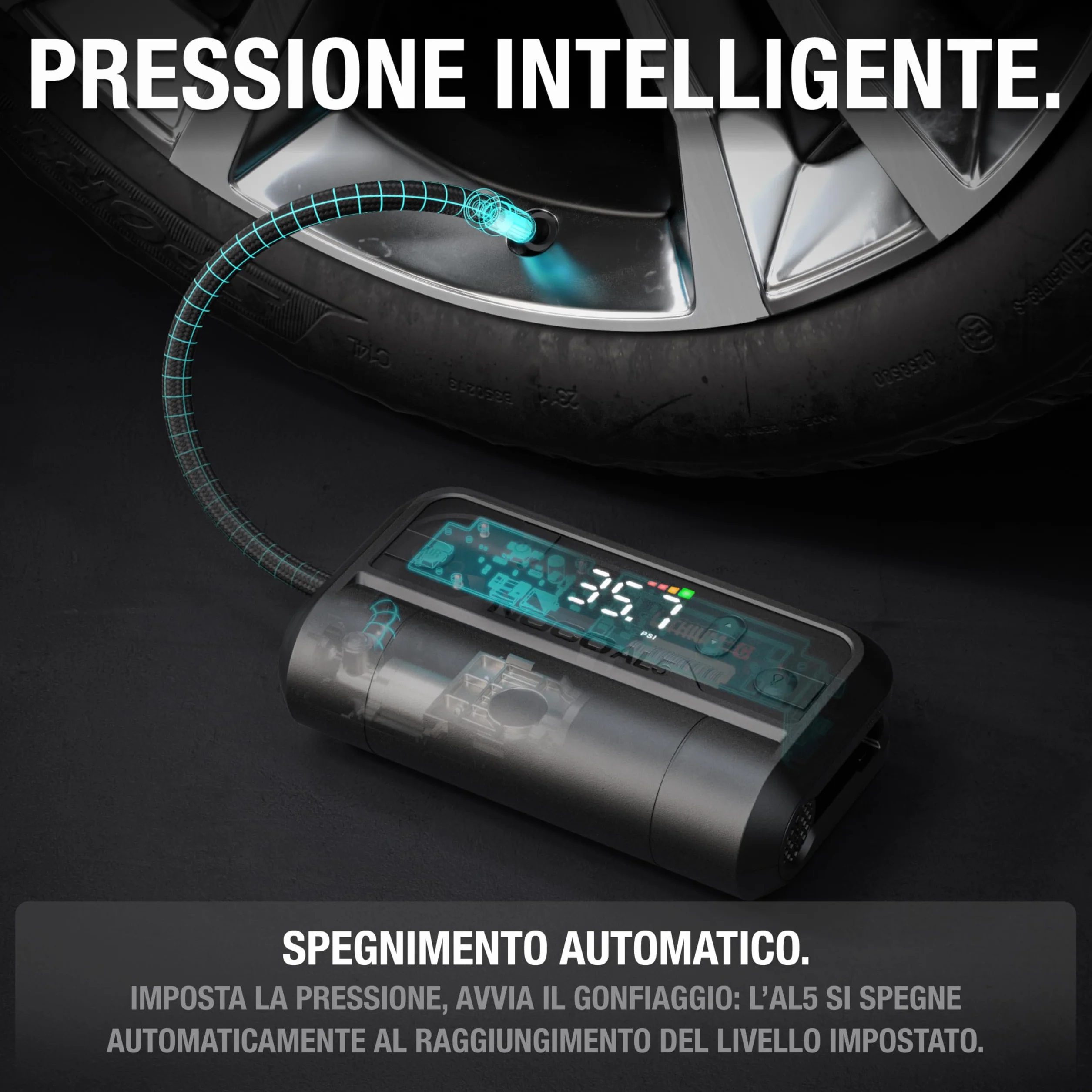 NOCO Air AL5: Gonfiatore per Pneumatici Senza Fili da 5A – Compressore d’Aria Portatile a Batteria – Portata 17 SLPM, da 0 a 40 PSI in 7 Minuti – Manometro Digitale + Spegnimento Automatico