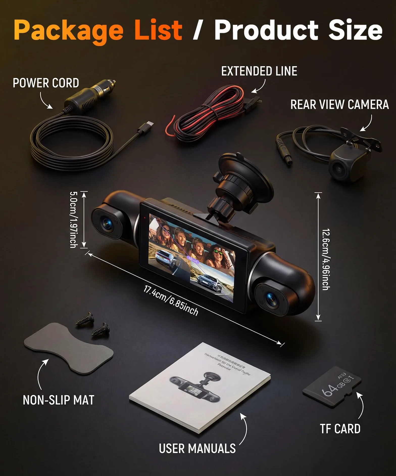 VECHTEL 2K/1080P Dashcam per auto anteriore e posteriore con WiFi, 4* Dash Cam Telecamera per auto con schermo IPS da 3 pollici,visione notturna,sensore G,protezione a 360 gradi,Con 64GB SD Card
