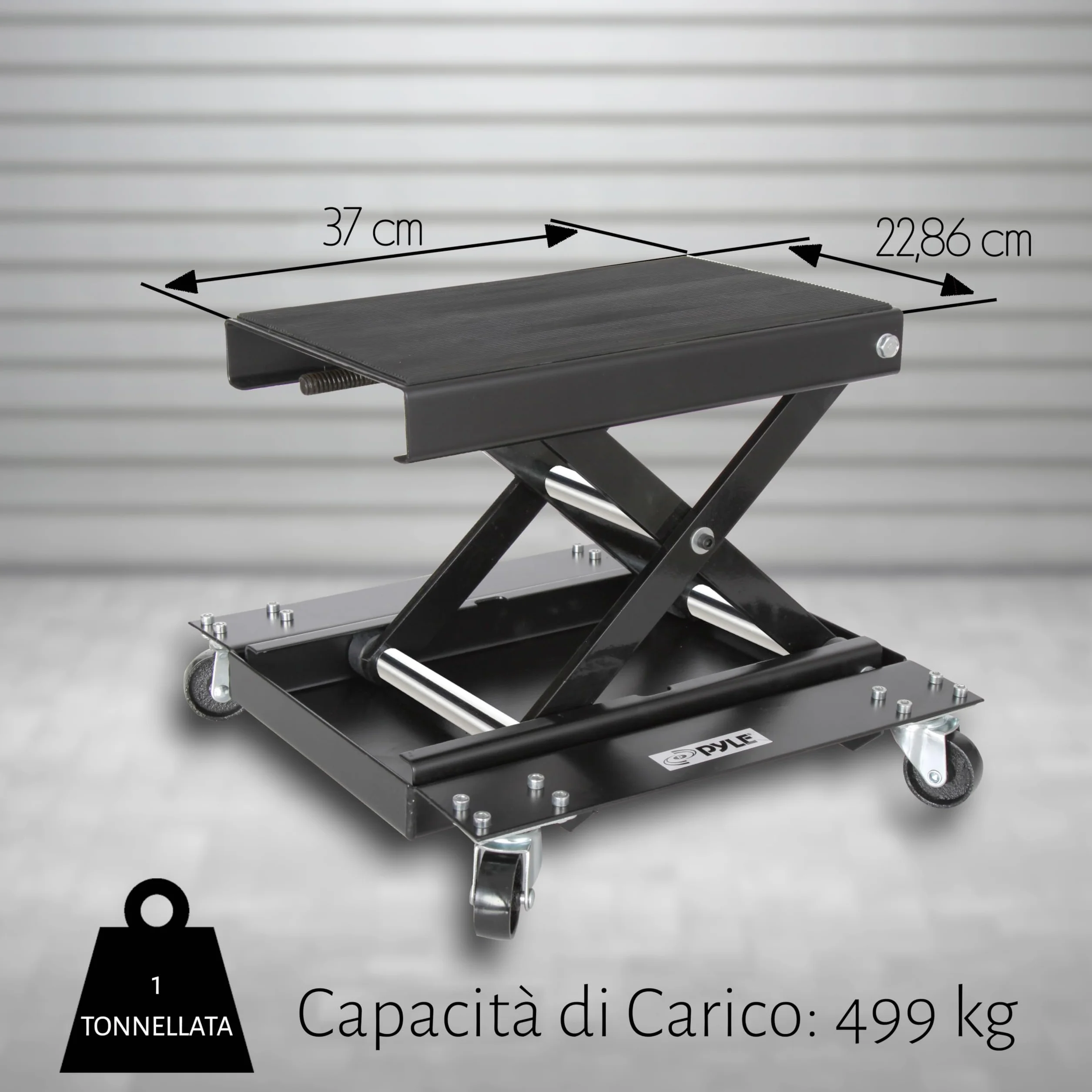 Pyle Sollevatore Moto, Cavalletto Moto in Acciaio Resistente, Capacità 500 kg, Rivestimento Nero, Ruote Girevoli, Pieghevole e Portatile