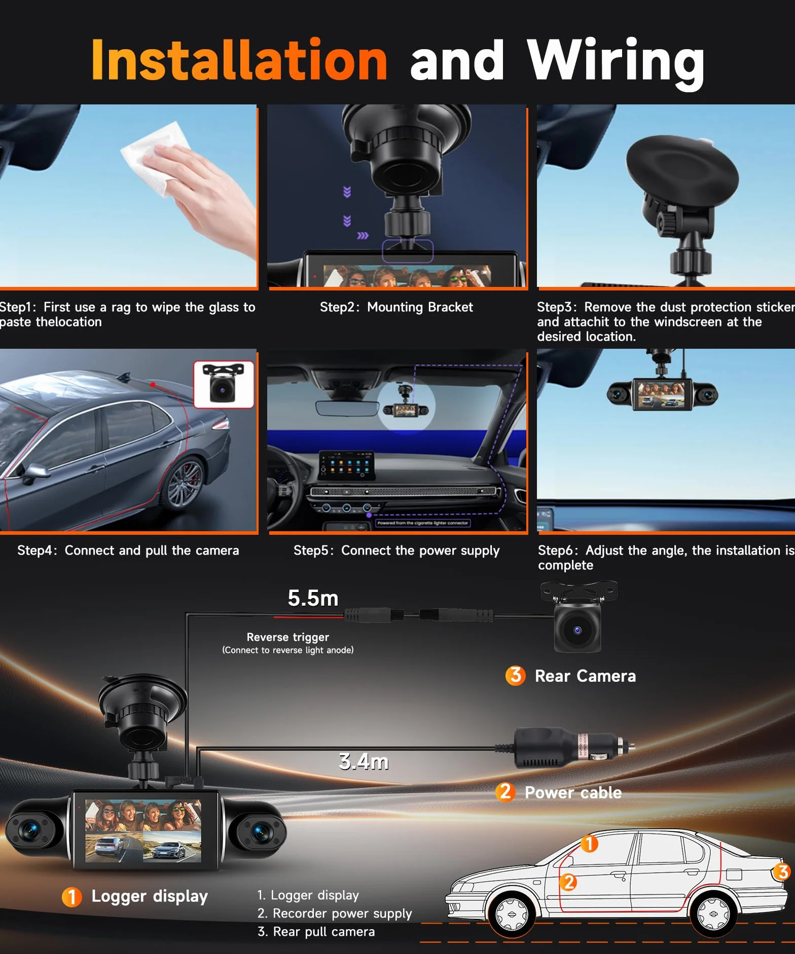VECHTEL 2K/1080P Dashcam per auto anteriore e posteriore con WiFi, 4* Dash Cam Telecamera per auto con schermo IPS da 3 pollici,visione notturna,sensore G,protezione a 360 gradi,Con 64GB SD Card