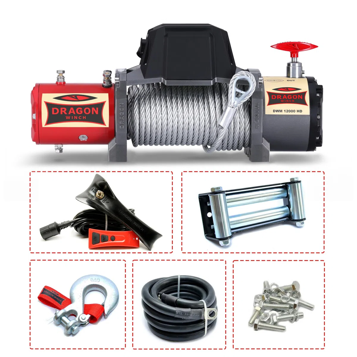 DRAGON WINCH - Verricello Elettrico 24V Maverick 12000 lbs / 5443 kg Cavo in Acciaio 20m Verricello per Auto e Carro Attrezzi incluso telecomando senza fili + argano accessori | Impermeabile IP67