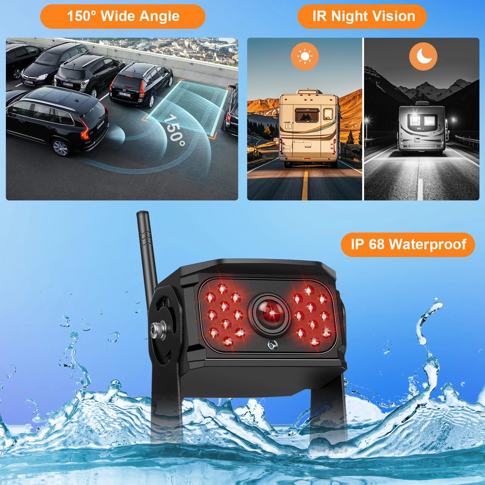 VECHTEL Telecamera Retromarcia Wireless 1080P, kit Monitor con Schermo IPS da 7 Pollici per Camion, Autobus, Furgoni, Camper, Pickup, Impermeabile IP68, Visione Notturna, Linee Guida DIY