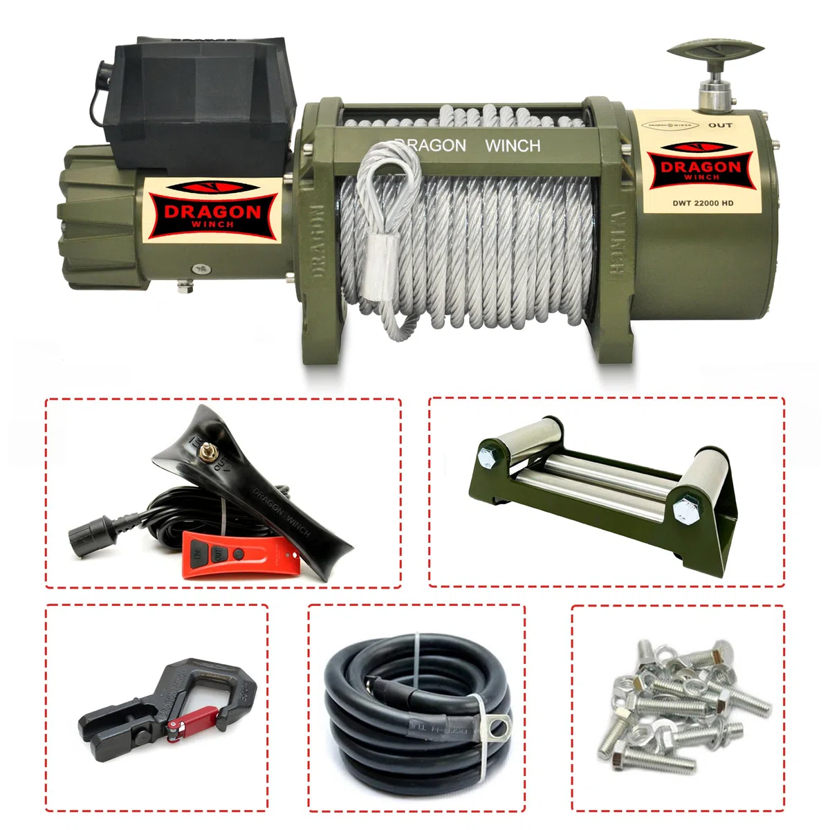 DRAGON WINCH - Verricello Elettrico Truck 24V 22000 lbs (9979 kg) Cavo in Acciaio 31m per Vigili del Fuoco, Veicoli Commerciali e Furgoni I incluso telecomando senza fili + accessori per verricello
