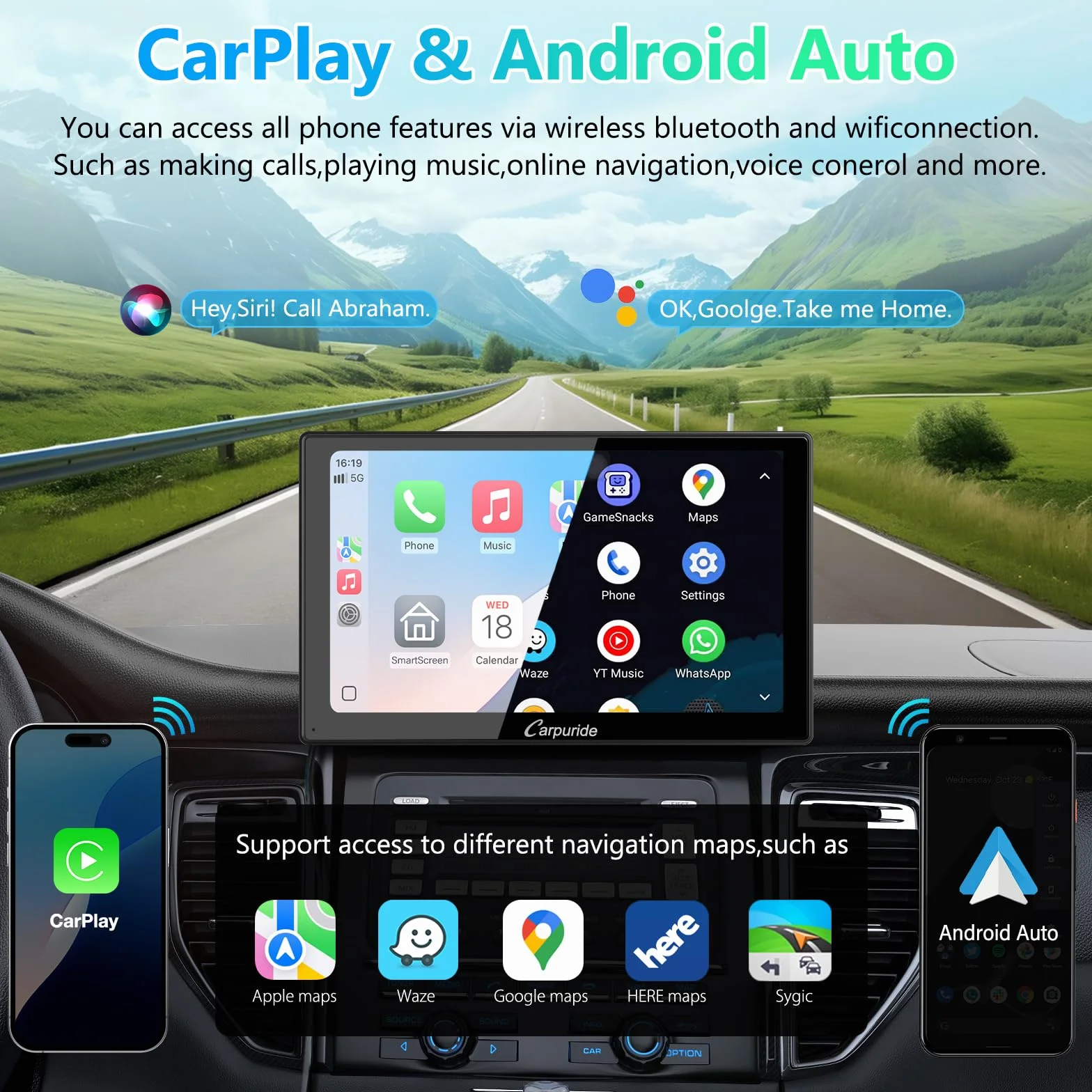 CARPURIDE V9 portatile wireless Carplay e Android Auto, 9 pollici 1080p touch screen HD da con BT 5.0, Mirror Link, supporto per camion e camper