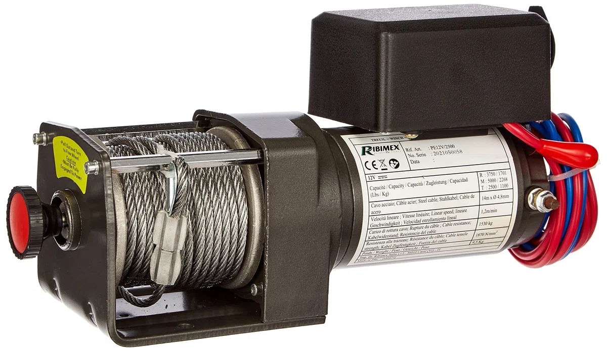 Ribimex Verricello Elettrico 12V per Carichi fino a 2100 Kg, Cavo in Acciaio 14 m, Uso Elettrico e Manuale, Comando a Distanza tramite Cavo da 2,8 m, Accessori per l'Installazione Inclusi - PE12V/2500