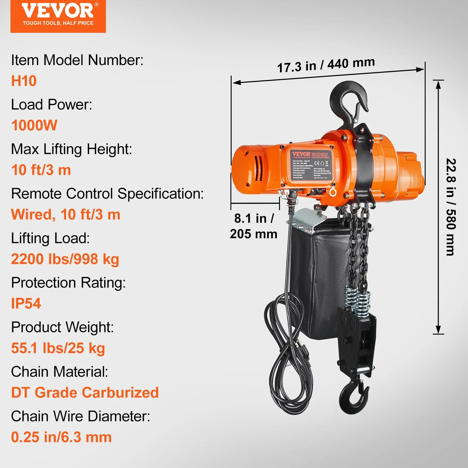 VEVOR Paranco Elettrico a Catena, Capacità Carico 998kg, Altezza Sollevamento 3m, Gru a Ponte Monofase 230V con Catena, Telecomando Cavo per Garage, Magazzino, Hotel, Officina, Uso Commerciale