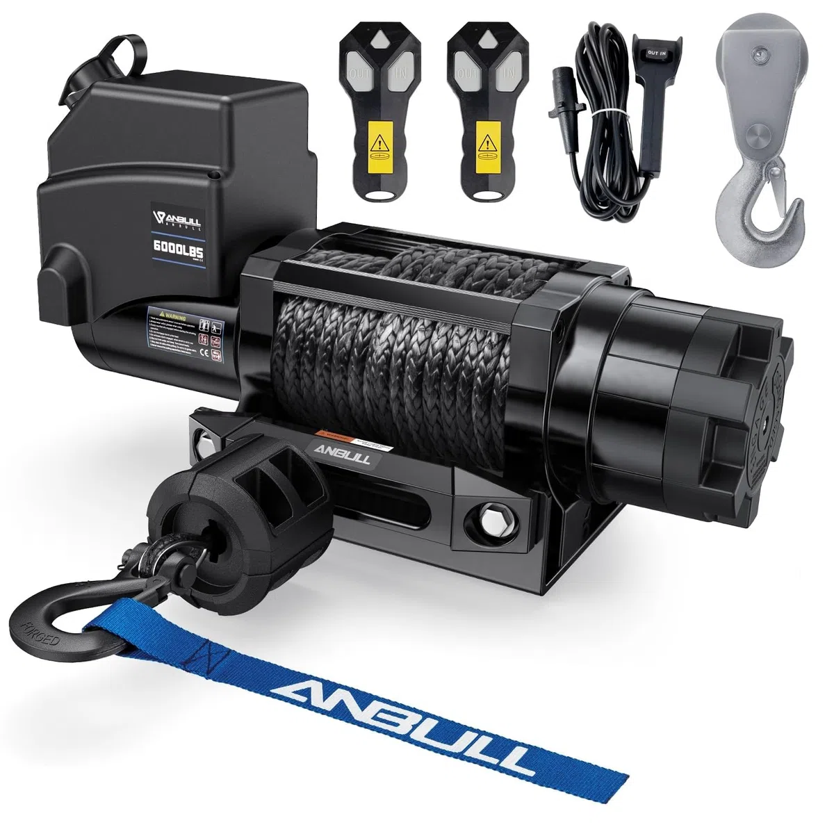 Anbull Verricello Elettrico 12V 12V 6 000 LBS/ 2722 Kg, IP68 Impermeabile, Nessun cablaggio richiesto, Cavo Sintetico 6.3mm*16.8m, Corda di Nylon, Applicabile a Quad, ATV, UTV