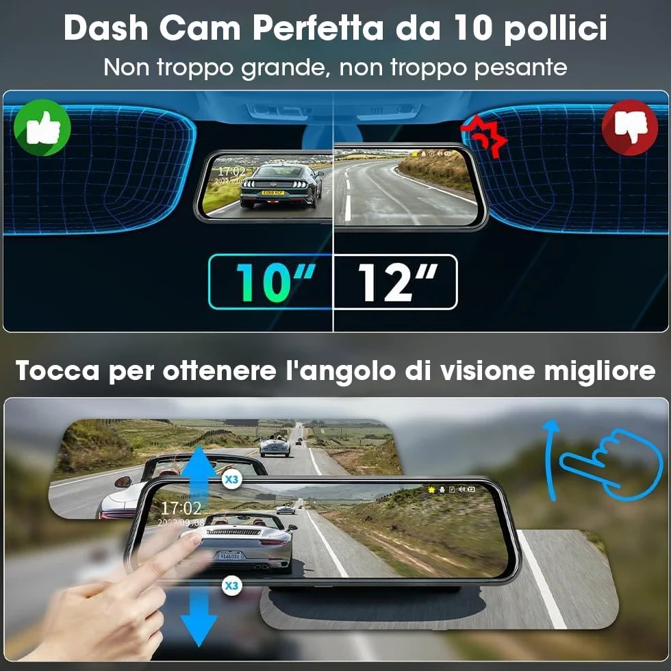 【Neue Version】Jansite Specchio Retrovisore Auto 10 pollici Touchscreen, Posteriore e anteriore 1080P Mirror Dash Cam Specchietto Retrovisore con Cavi da 10m, Visione notturna grandangolare 170°