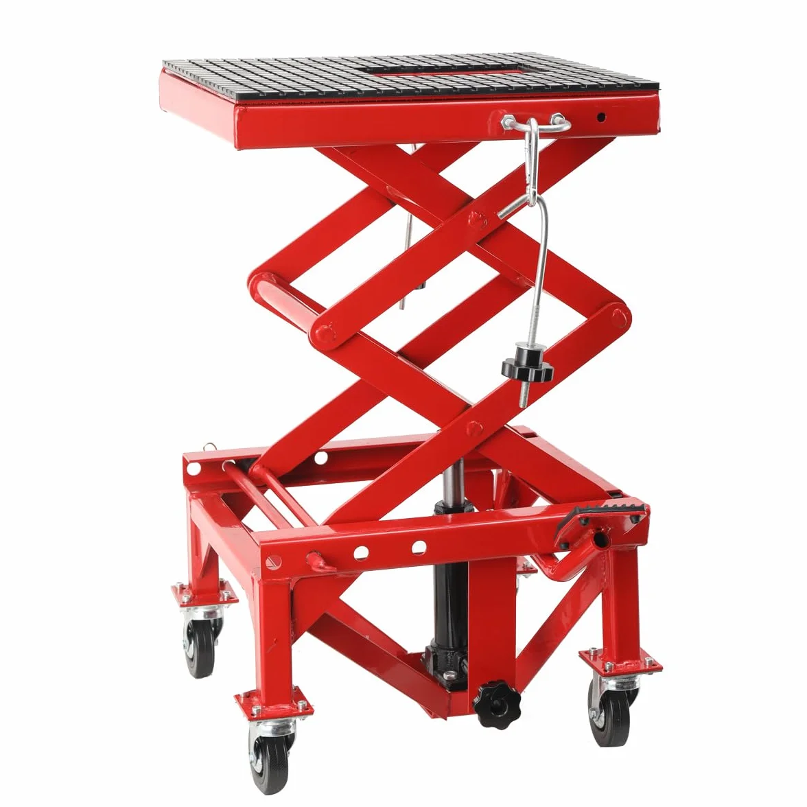 Sollevatore Idraulico per Moto con Pedale, Cavalletto Centrale a Pantografo per Moto, ATV, Enduro – Regolazione Altezza 350‑905 mm, Carico Max 158 kg, con 4 Ruote e Rotelle Universali