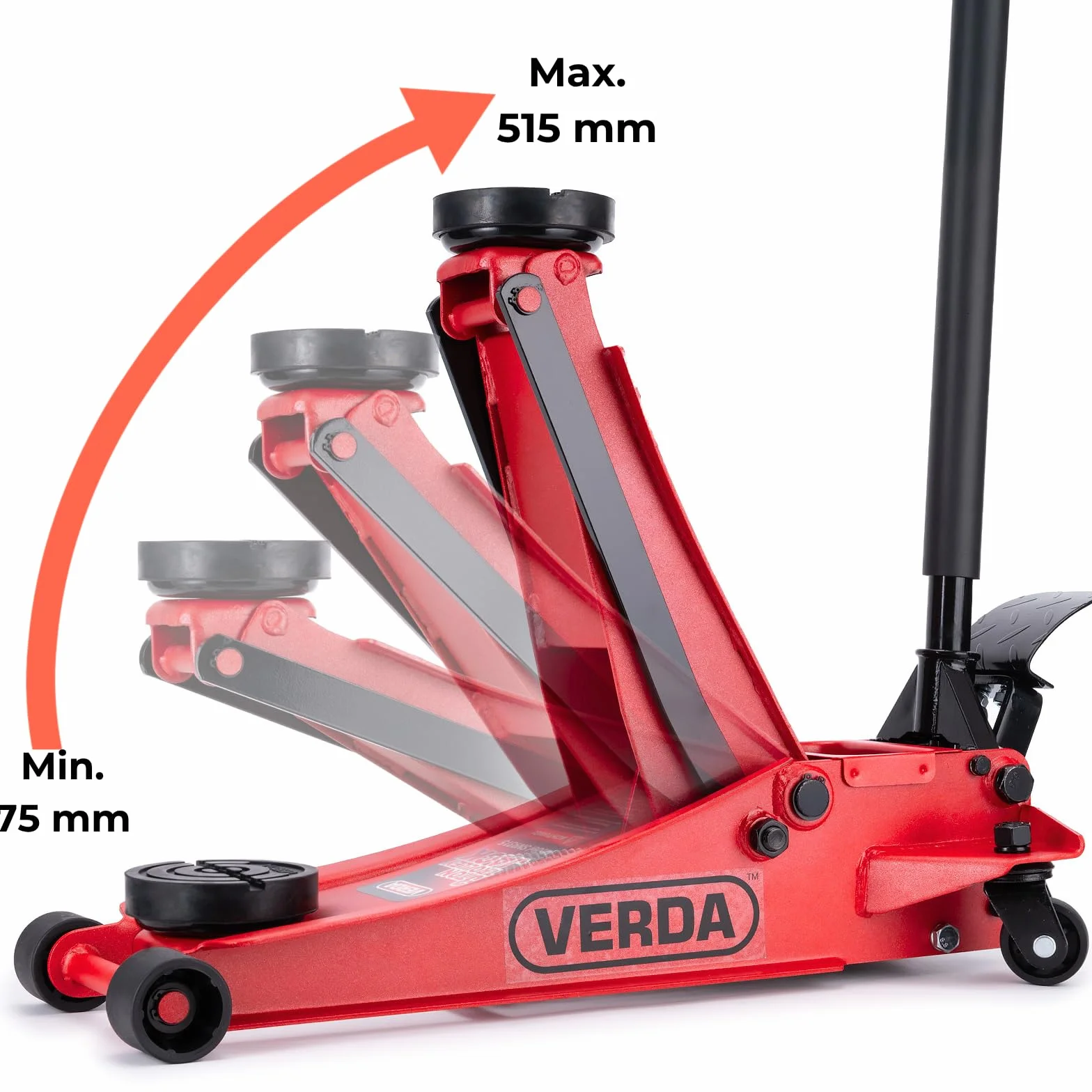 Cric idraulico 3T Verda con pedale, altezza sollevamento 75-515 mm, doppia pompa per auto e SUV