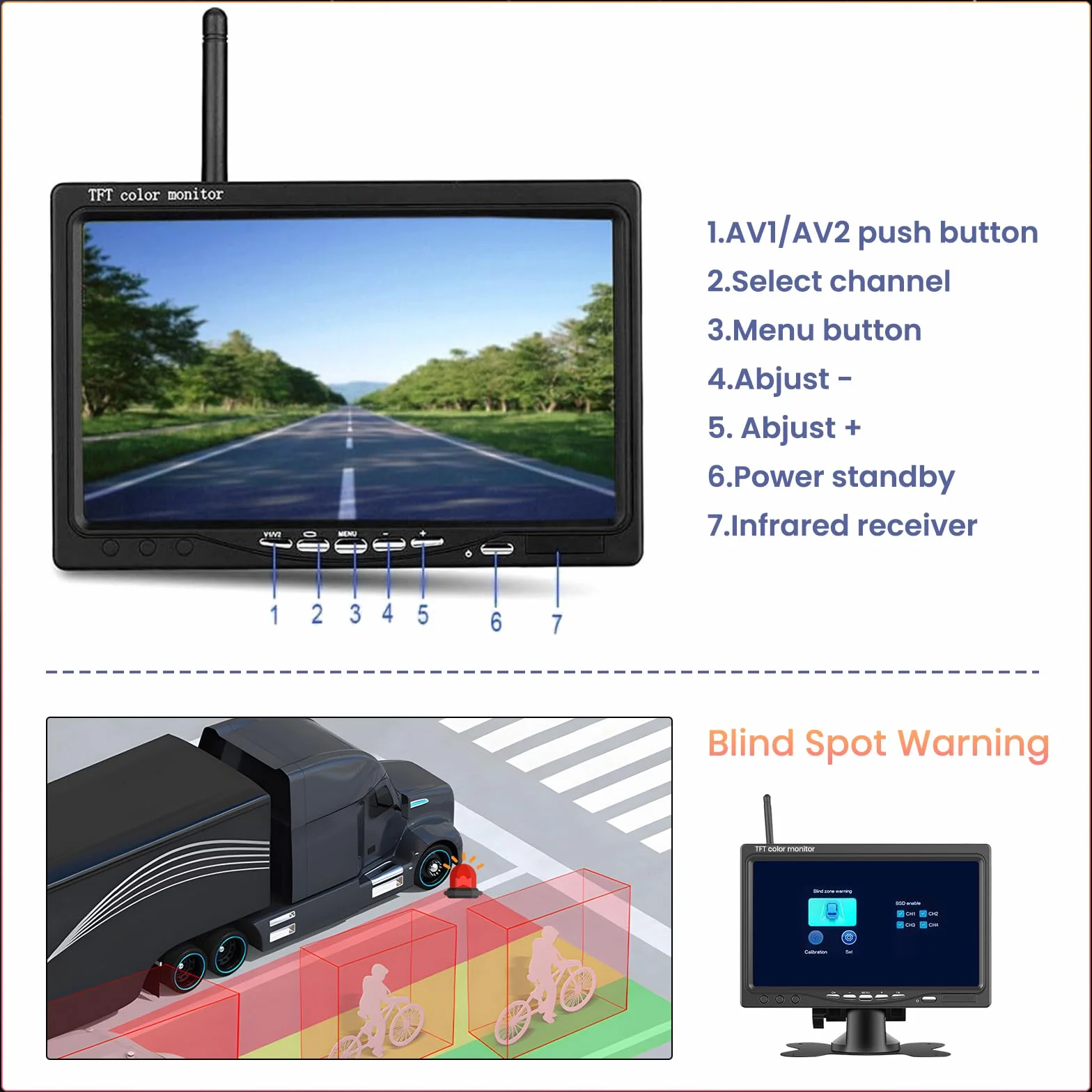 Hikity Kit Telecamera Retromarcia Wireless 7" Monitor LCD Auto e 2 Telecamera Posteriore,BSD, Impermeabile IP67, Visione Notturna per Camper Caravan LKW BUS con Caricatore per Auto
