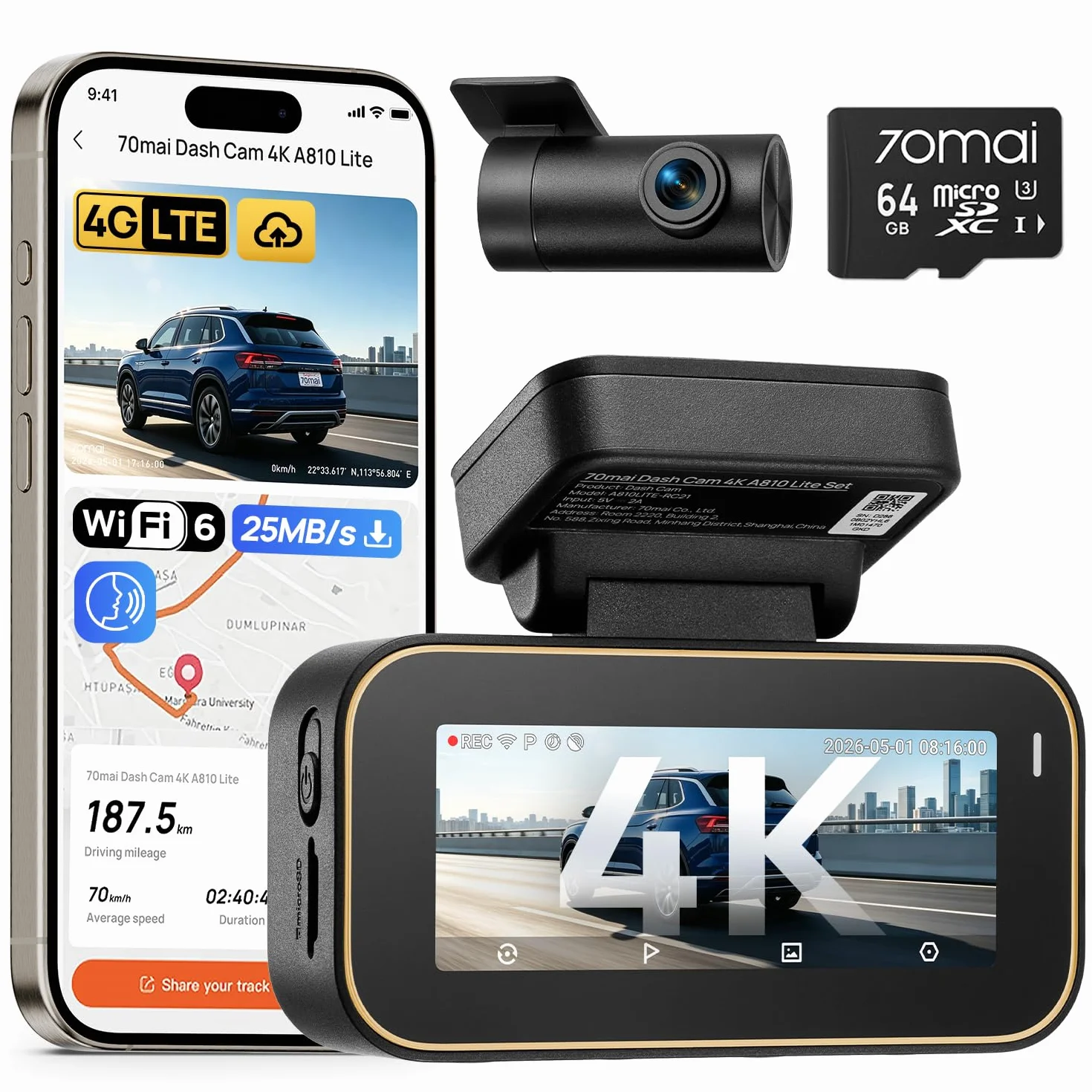 70mai A810 Lite Dash Cam 4K +1080P, 5GHz WiFi, GPS, HDR, Visione Notturna, Parcheggio 24/7, Sensore G, 64GB