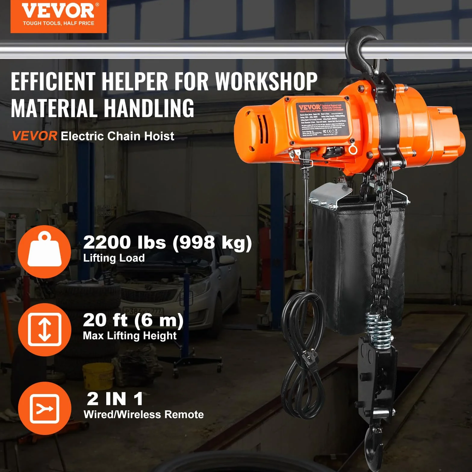 VEVOR Paranco Elettrico a Catena, Capacità Carico 998kg, Altezza Sollevamento 6m, Gru a Ponte Monofase 230 V con Catena, Telecomando Wireless e Cablato per Garage, Officina, Paranco per Sollevamento