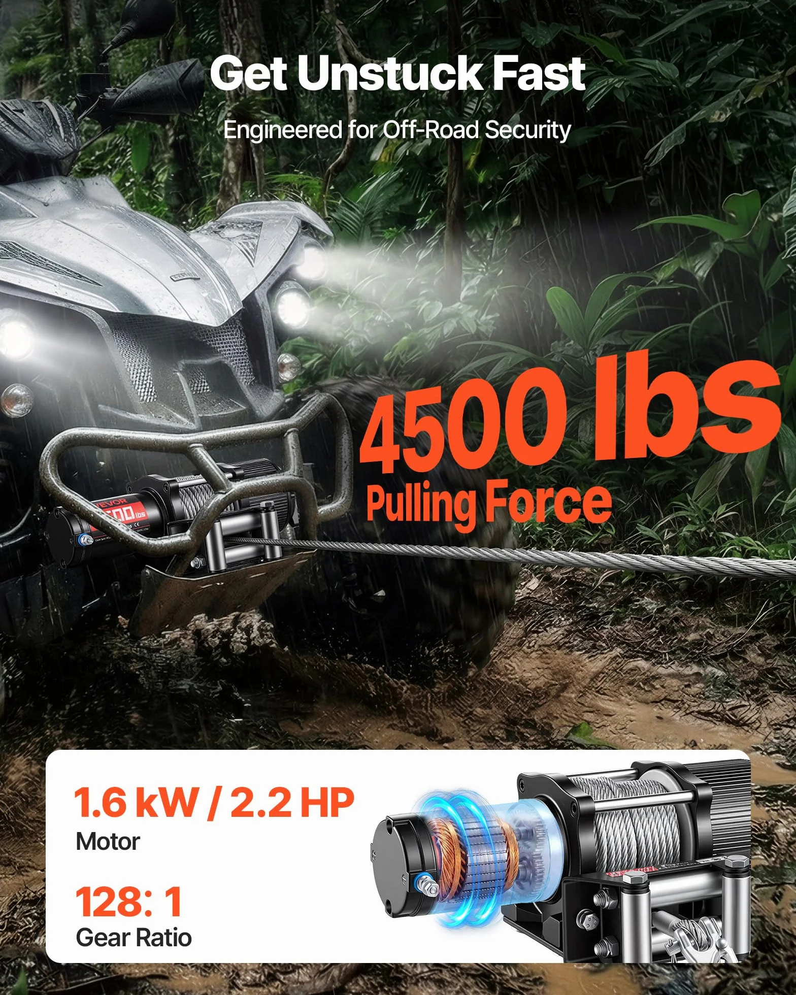 VEVOR Verricello Elettrico con Cavo da 2041 kg, Verricello Elettrico da 12 V CC per ATV/UTV con Cavo in Acciaio Ø 6 mm x 12 m, Telecomando Wireless e Cablato, Protezione IP54, per Recupero Stradale