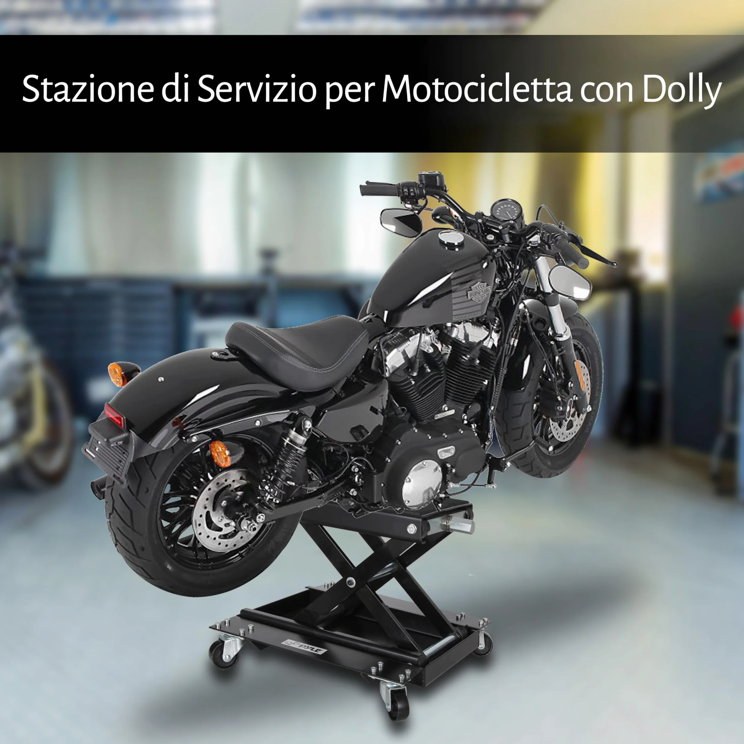 Pyle Sollevatore Moto, Cavalletto Moto in Acciaio Resistente, Capacità 500 kg, Rivestimento Nero, Ruote Girevoli, Pieghevole e Portatile
