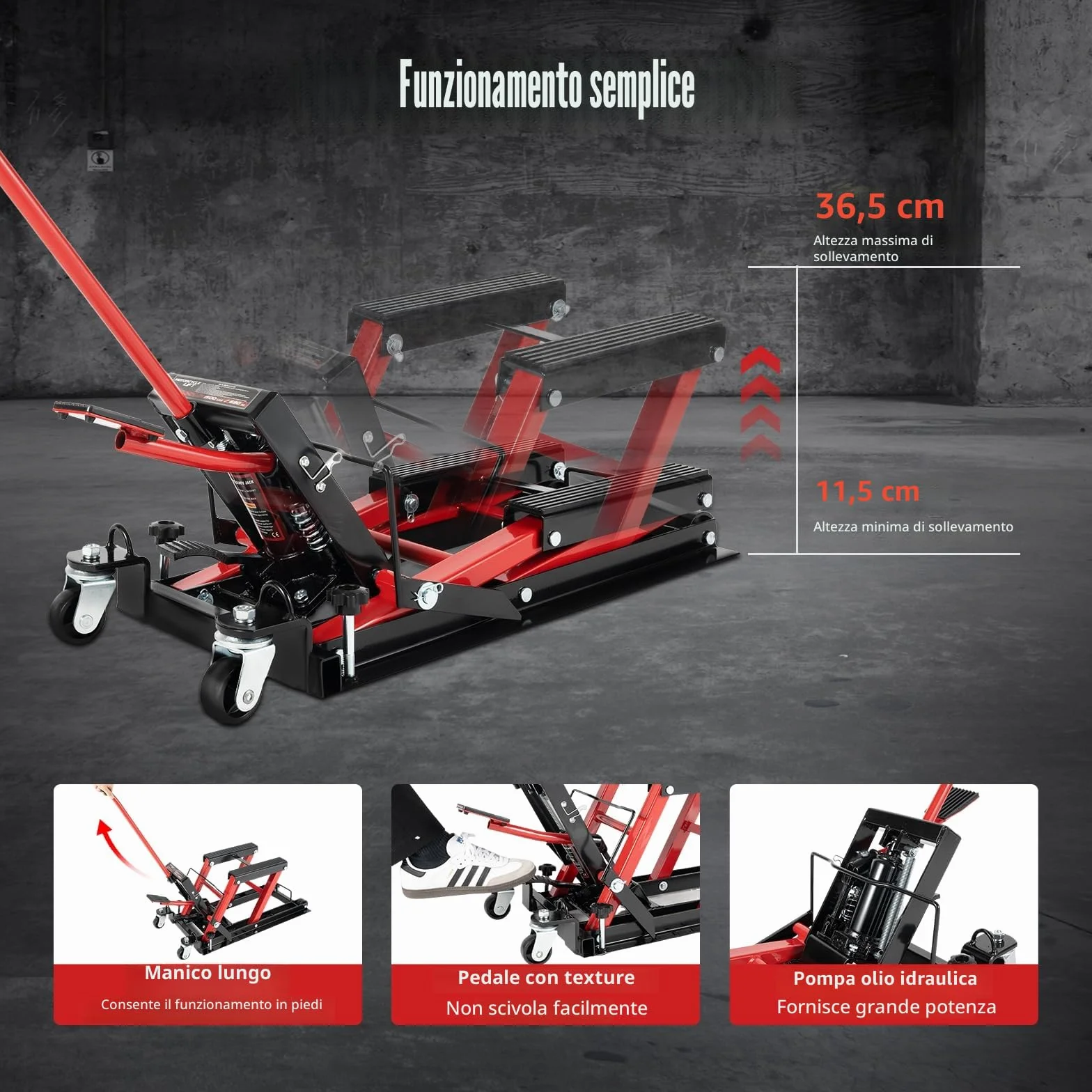 Sollevatore idraulico per moto 680 kg carico staffa regolabile 115-365 mm