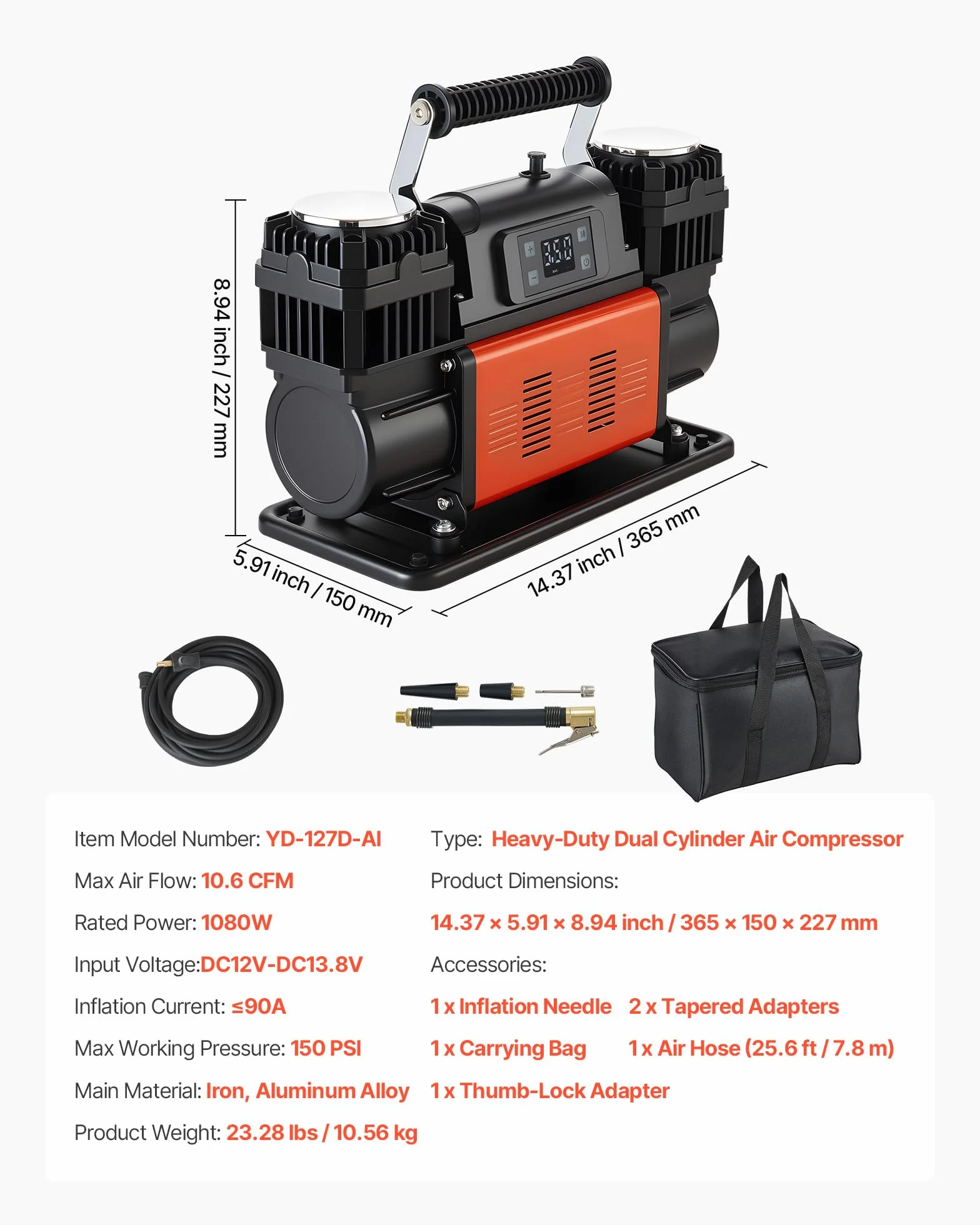 VEVOR Gonfiatore per Pneumatici Portatile con Arresto Automatico, Compressore d'Aria per Auto, Pompa dell'Aria Fuoristrada da 12 V con Display Digitale LCD e Adattatori per Camion, SUV, Camper