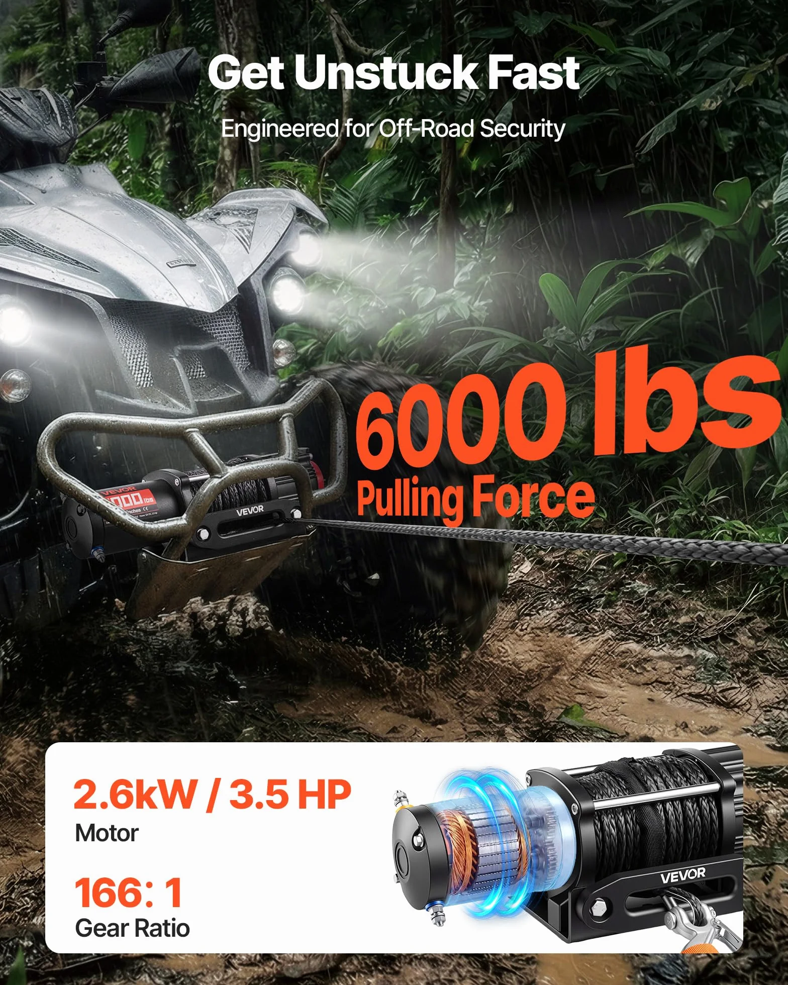 VEVOR Verricello Elettrico con Cavo Metallico da 2721 kg, Verricello Elettrico da 12 V CC per ATV/UTV Fuoristrada con Fune Sintetica Ø 6 mm x 15 m, Telecomando Wireless e Cablato, Impermeabile IP55