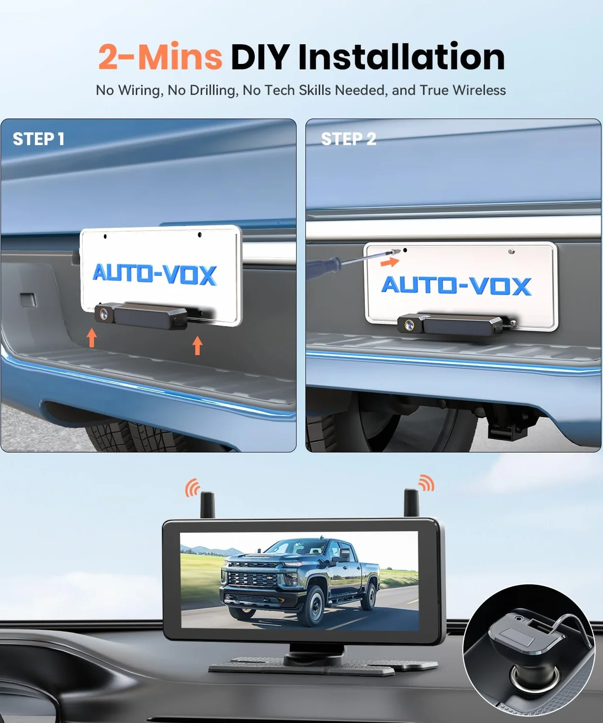 AUTO-VOX Telecamera di retromarcia wireless a energia solare da 7,25" con registrazione in loop DVR: HD 1080P, installazione rapida in 2 minuti, kit telecamera inversa con schermo diviso per auto