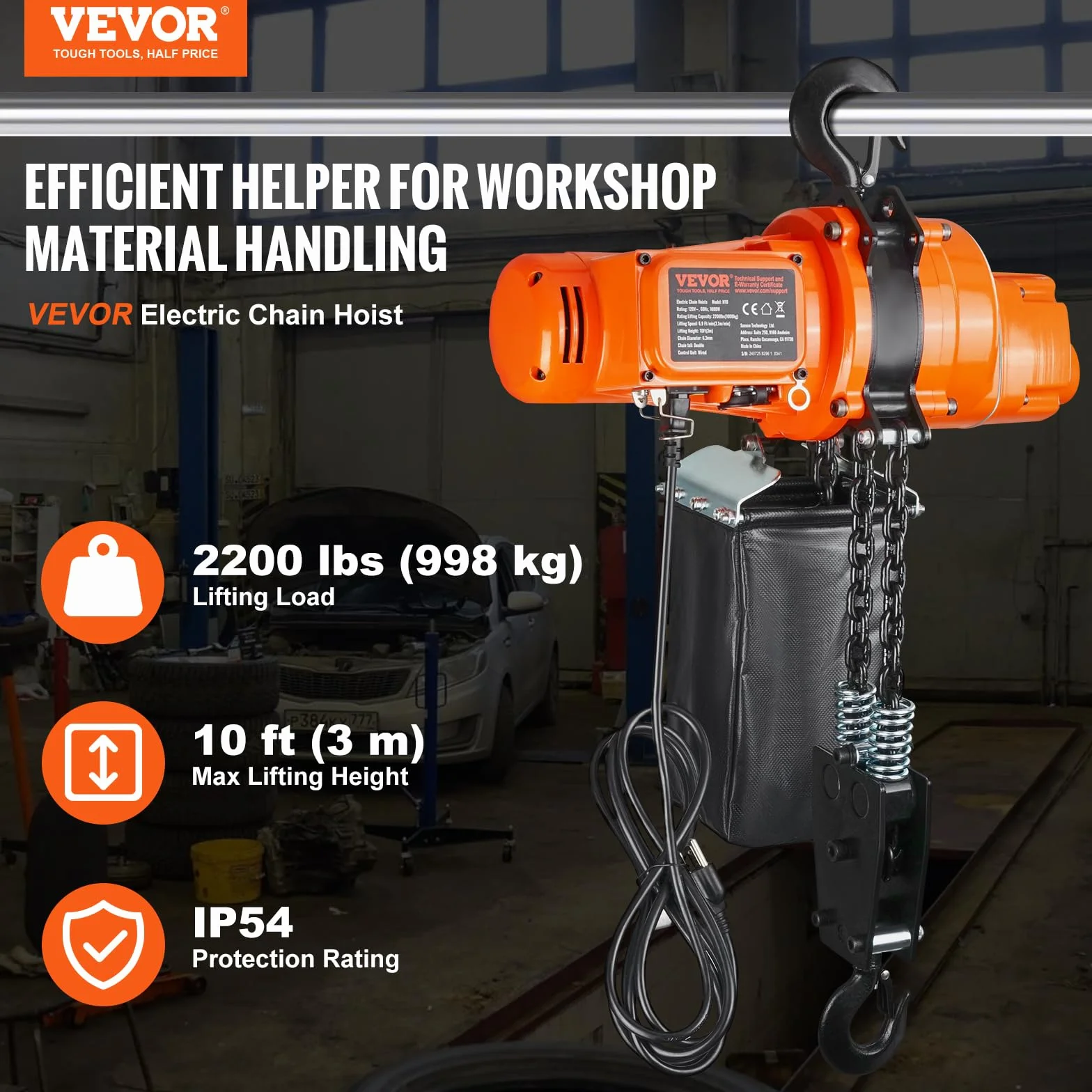 VEVOR Paranco Elettrico a Catena, Capacità Carico 998kg, Altezza Sollevamento 3m, Gru a Ponte Monofase 230V con Catena, Telecomando Cavo per Garage, Magazzino, Hotel, Officina, Uso Commerciale