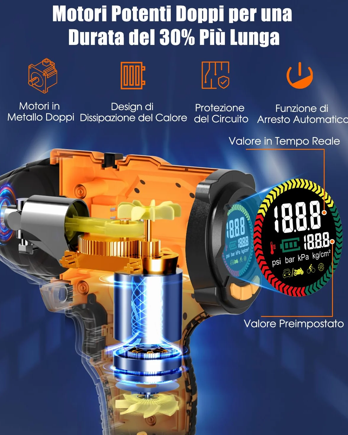 AUTDER Gonfiatore Pneumatici Portatile 180 PSI, Compressore Aria Senza Fili 21V con Batteria Rimovibile e Cavo Auto 12V, Spegnimento Automatico, Display LCD, LED
