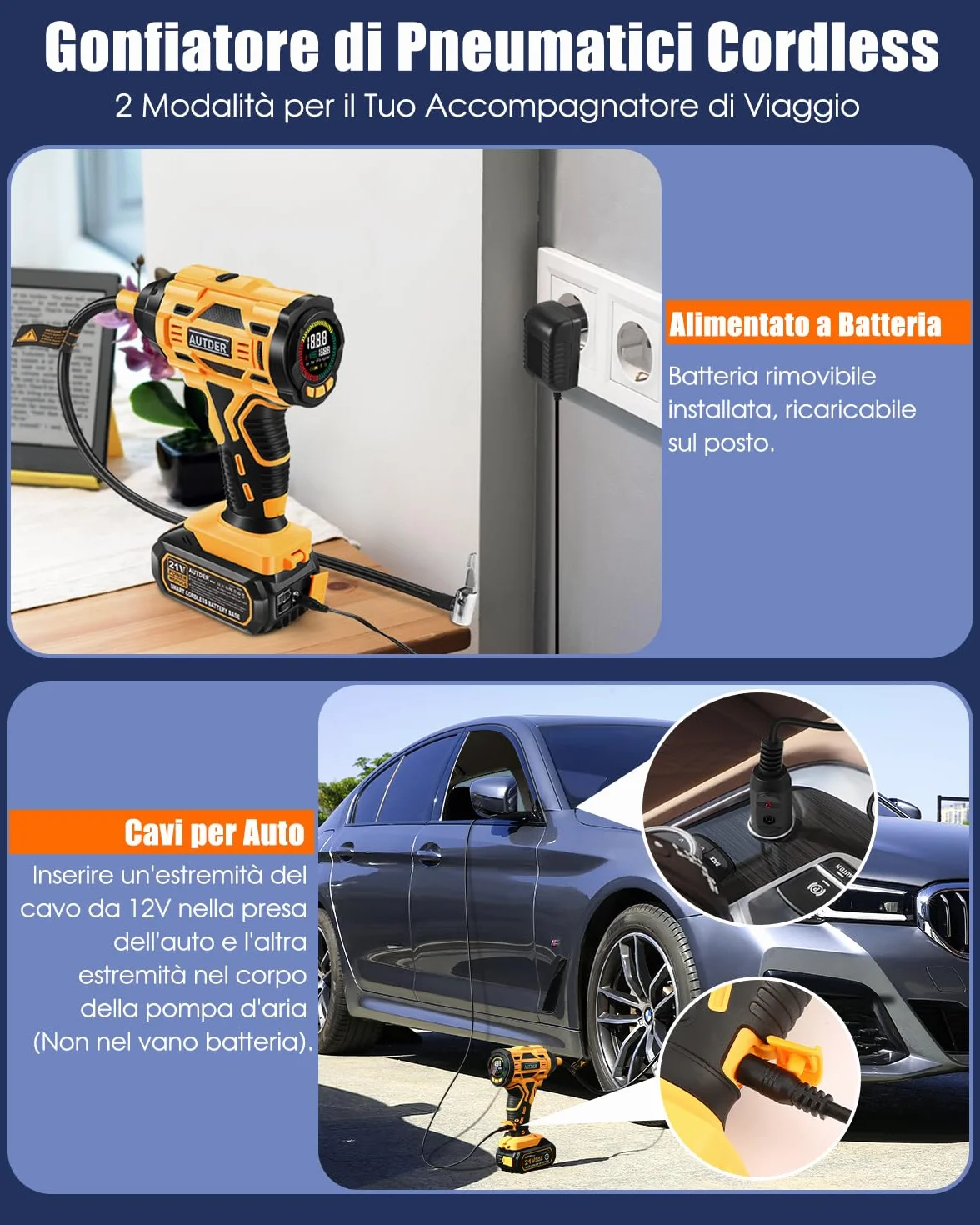 AUTDER Gonfiatore Pneumatici Portatile 180 PSI, Compressore Aria Senza Fili 21V con Batteria Rimovibile e Cavo Auto 12V, Spegnimento Automatico, Display LCD, LED