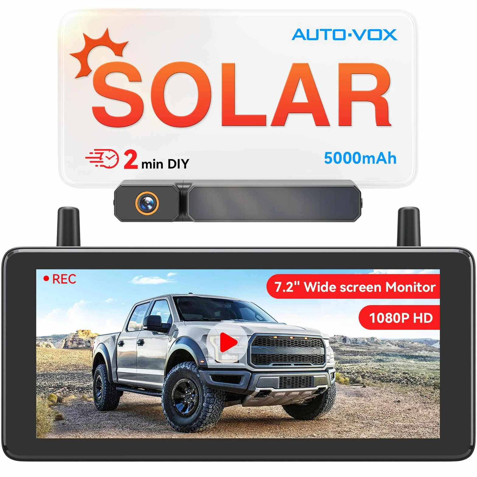AUTO-VOX Telecamera di retromarcia wireless a energia solare da 7,25" con registrazione in loop DVR: HD 1080P, installazione rapida in 2 minuti, kit telecamera inversa con schermo diviso per auto