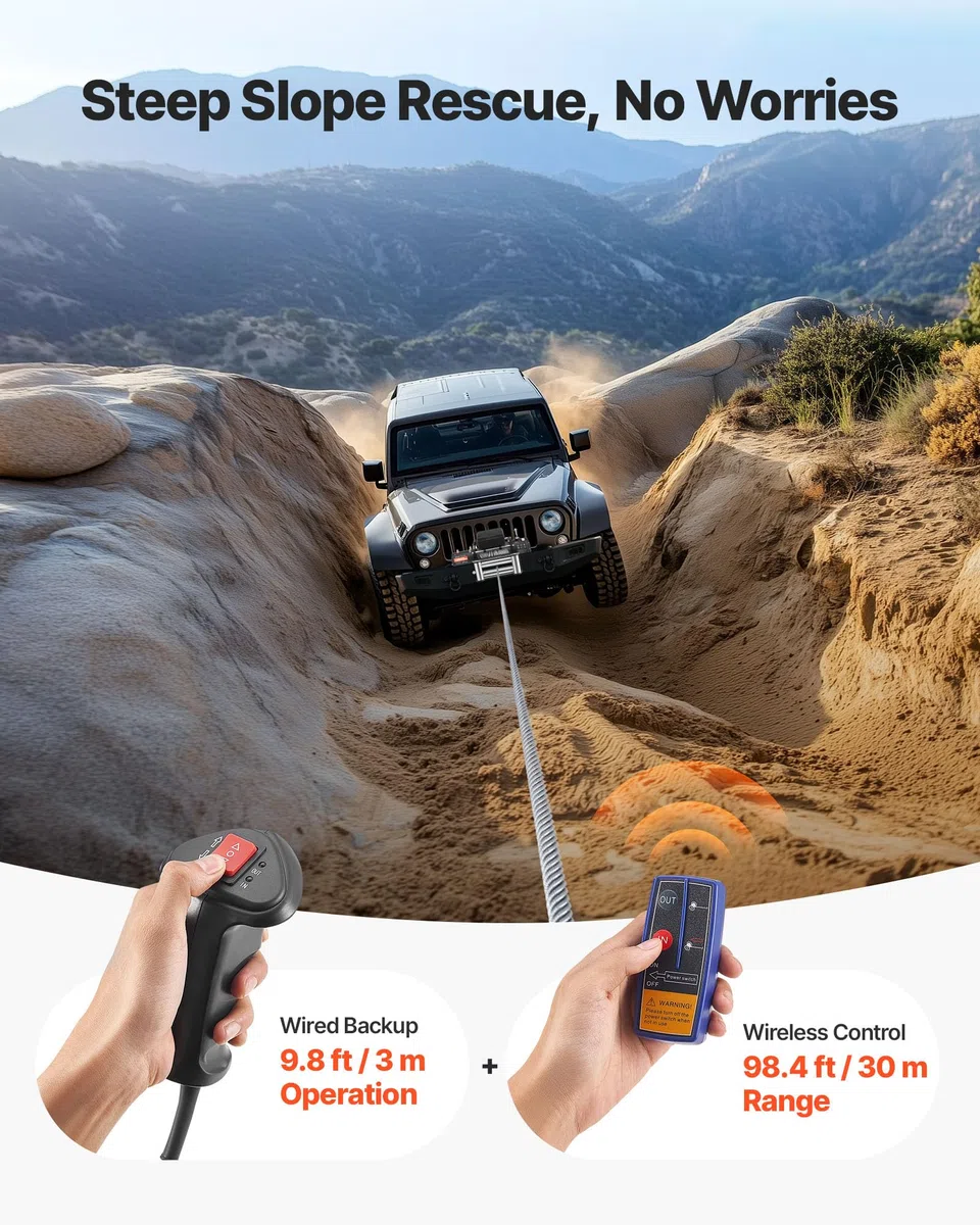 VEVOR Verricello Elettrico, Carico 6100 kg, per Camion 12 V CC con Fune in Acciaio Φ9,5 mm x 24 m, Telecomando Wireless e Cablato, IP55 Impermeabile per il Traino di SUV, Jeep, Rimorchi, Barche