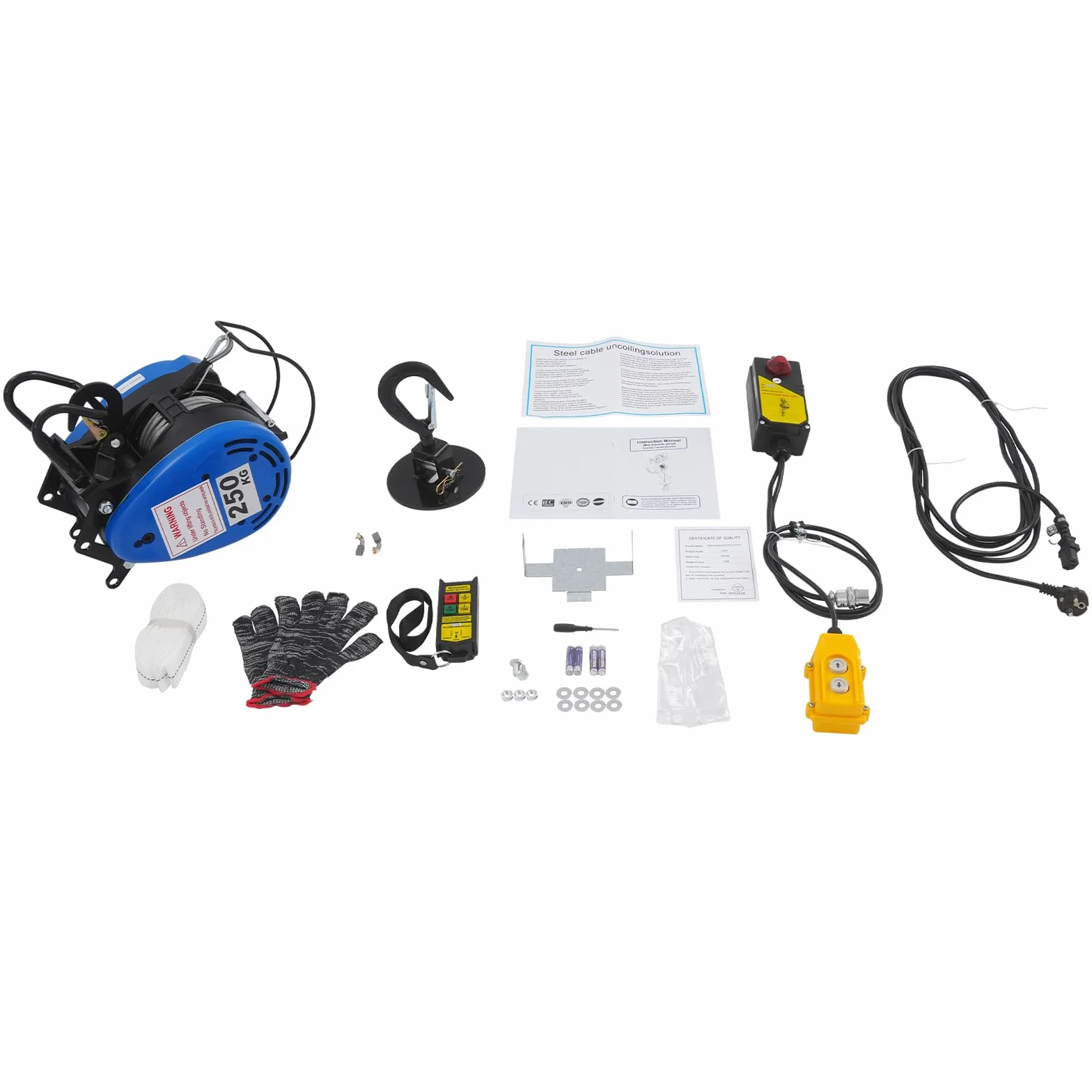 Verricello elettrico mobile, 230 V, 250 kg, portata 19 m/min, telecomando senza fili (100 m), con batteria, manico di controllo del cavo, 1500 W, 29 m, altezza di sollevamento 30 m, fune metallica
