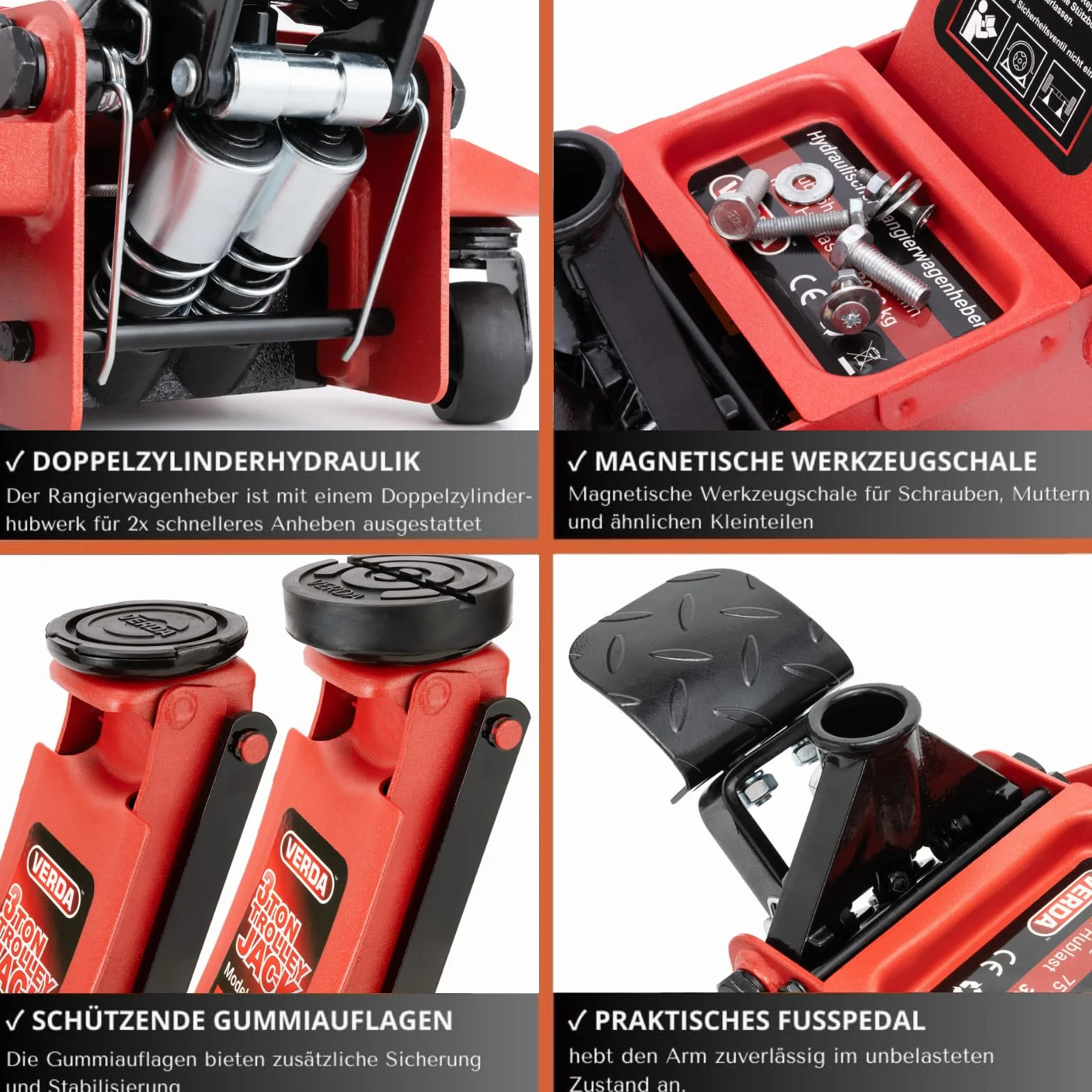 Cric idraulico 3T Verda con pedale, altezza sollevamento 75-515 mm, doppia pompa per auto e SUV