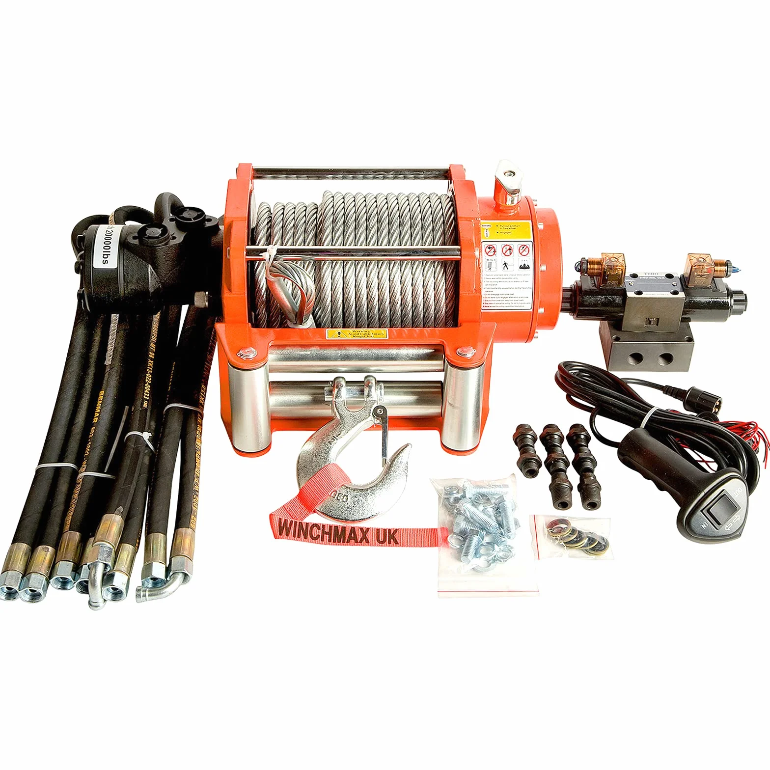 WINCHMAX. Verricello idraulico da 9.072 kg (20.000 lb). Fune in acciaio da 25 m x 14 mm. Gancio da 12,7 mm. Sistema di controllo da 24 V.