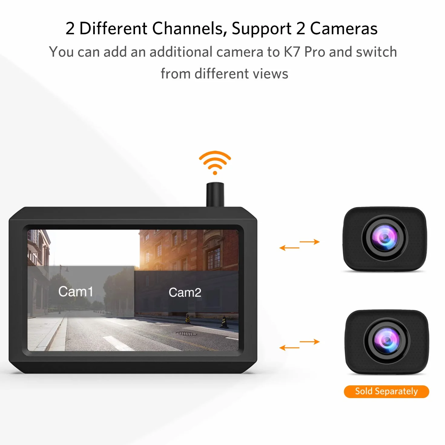K7PRO Kit Telecamera Retromarcia Wireless Digitale supporta 2 telecamere, Telecamera Posteriore Segnale Stabile, Monitor HD da 5 pollici, Telecamera Auto Impermeabile IP68, Visione Notturna