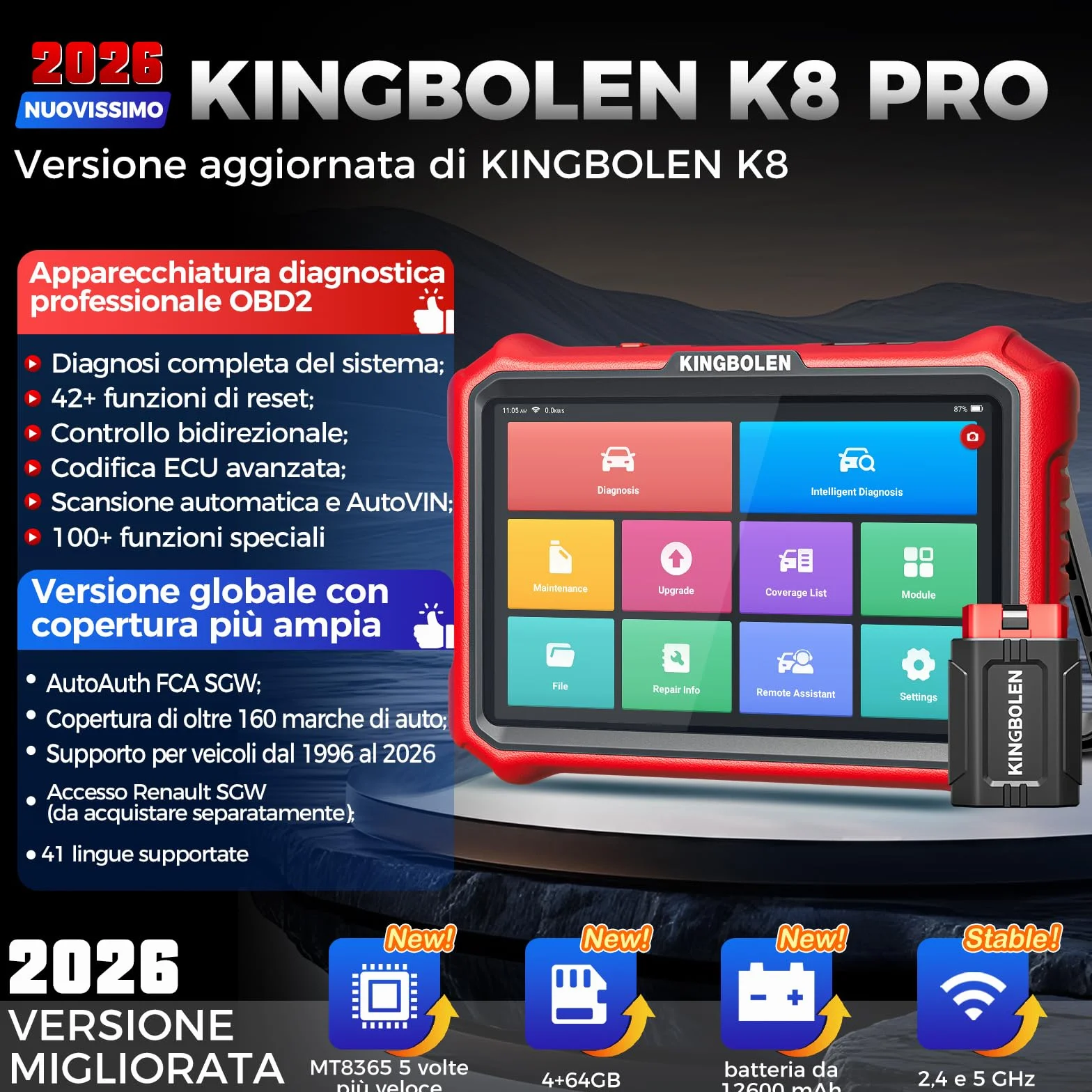 KINGBOLEN K8 Pro Diagnosi Auto Bidirezionale OBD2, Codifica ECU Online, 42+ Reset, CANFD&DOIP, FCA SGW